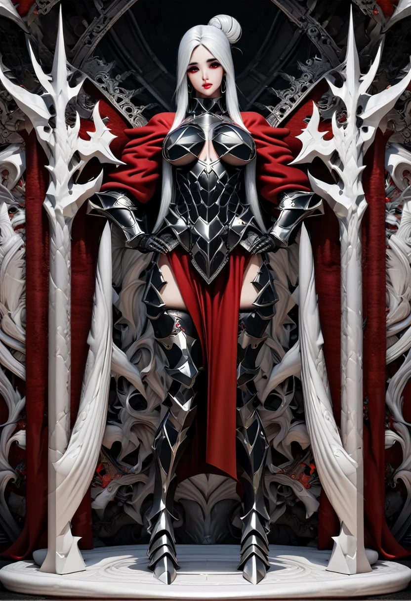 ((((Jennifer Connelly)))) as, Voluptuous, Busty White-Haired Female Dark Knight in ((((Black Full Metal)) Heavy Bikini Armor)), Red Eyes, (Thigh high Full Metal Armored Boots). (((Full Body View))), Long hair, Messy bun, (Red Cloak), (((Red Pleated Skirt))), detailed, perfect makeup, beautiful lips, large hoop earrings, (METAL bikini armor), No Helmet, (No Spikes), (Tall girl, Long legs), (Solo, 1girl), (Masterpiece, Detailed, 4k), perfect face, perfect lips, perfect makeup, dark eyeshadow, Unreal Engine 5, (Full Body Portrait), absurd resolution, high resolution, sharp image, vibrant colors