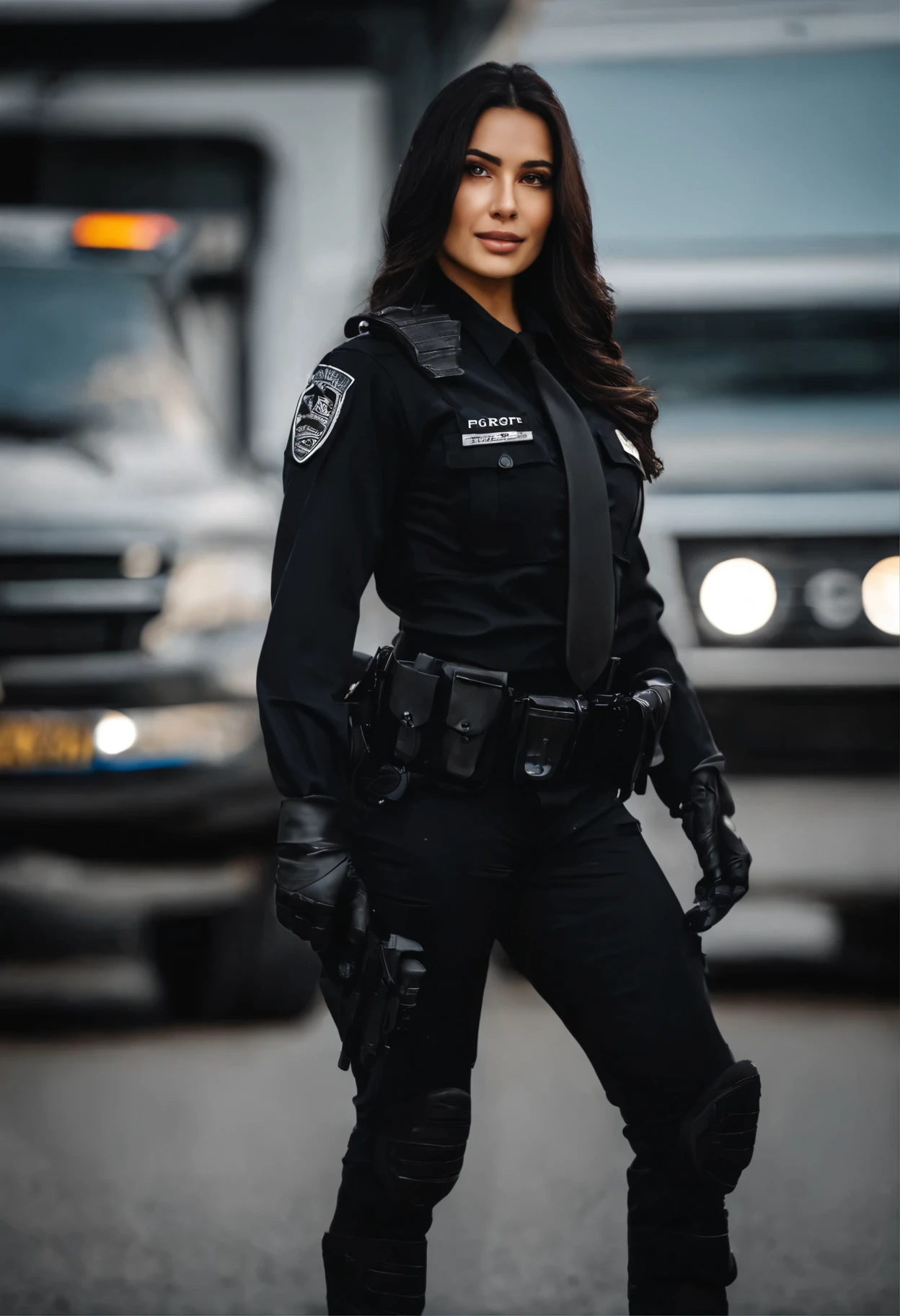 SWAT team, young woman's face, beautiful,A cute, seductive smile,Close-up of the page,Long black hair shone brightly.,Focus on face details,Tall, white skin, good figure ,full body photo(real human)natural realism,black police uniform,High resolution。