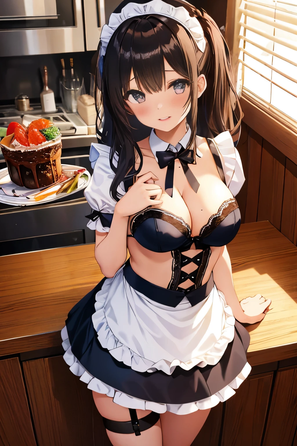 1 girl, beautiful girl, Waitress, Naked, Wear sexy maid lingerie, shy, Blush