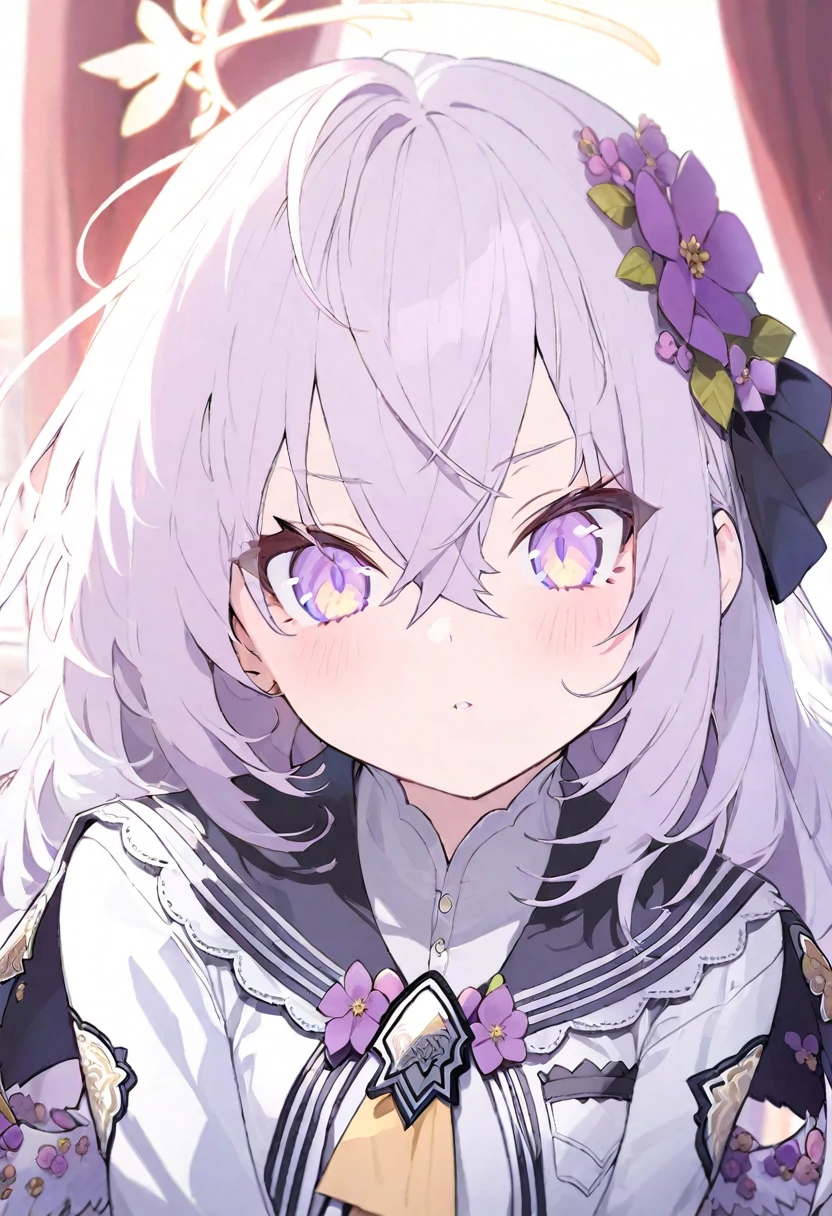 azusa \(blue archive\),AddXL,1girl blush curtains hair_ornament halo looking_at_viewer lying portrait purple_eyes purple_hair school_uniform solo twitter_username white_hair