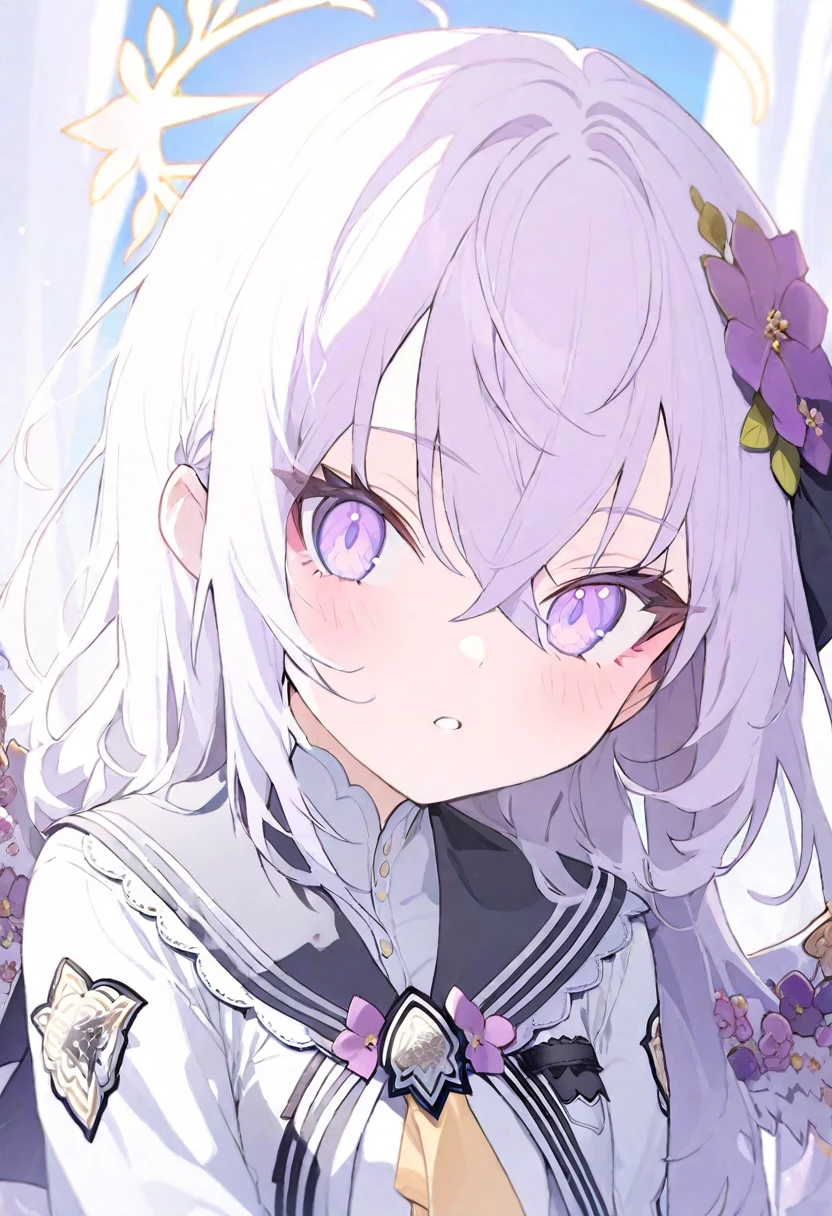 azusa \(blue archive\),AddXL,1girl blush curtains hair_ornament halo looking_at_viewer lying portrait purple_eyes purple_hair school_uniform solo twitter_username white_hair