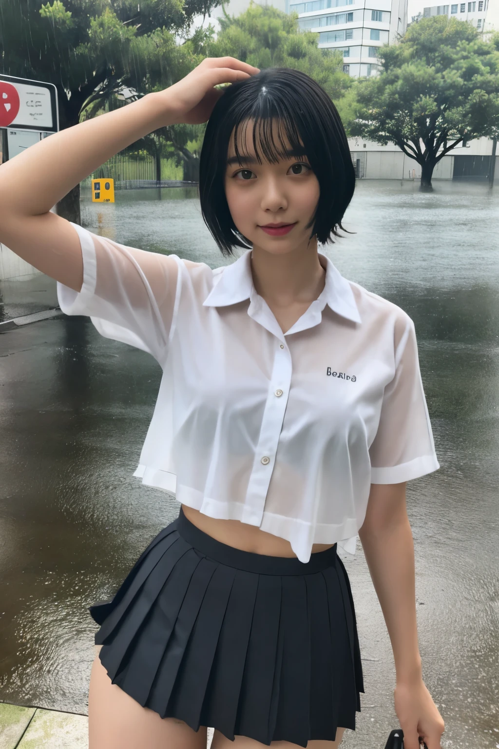 Masterpiece、highest quality、Woman 1、Super detailed、gravure　Black Hair、Short Hair　Japanese school girl uniform、Pleated skirt、underwear、bra、see through、getting wet from rain、Basking in the rain　Rainy city、flood