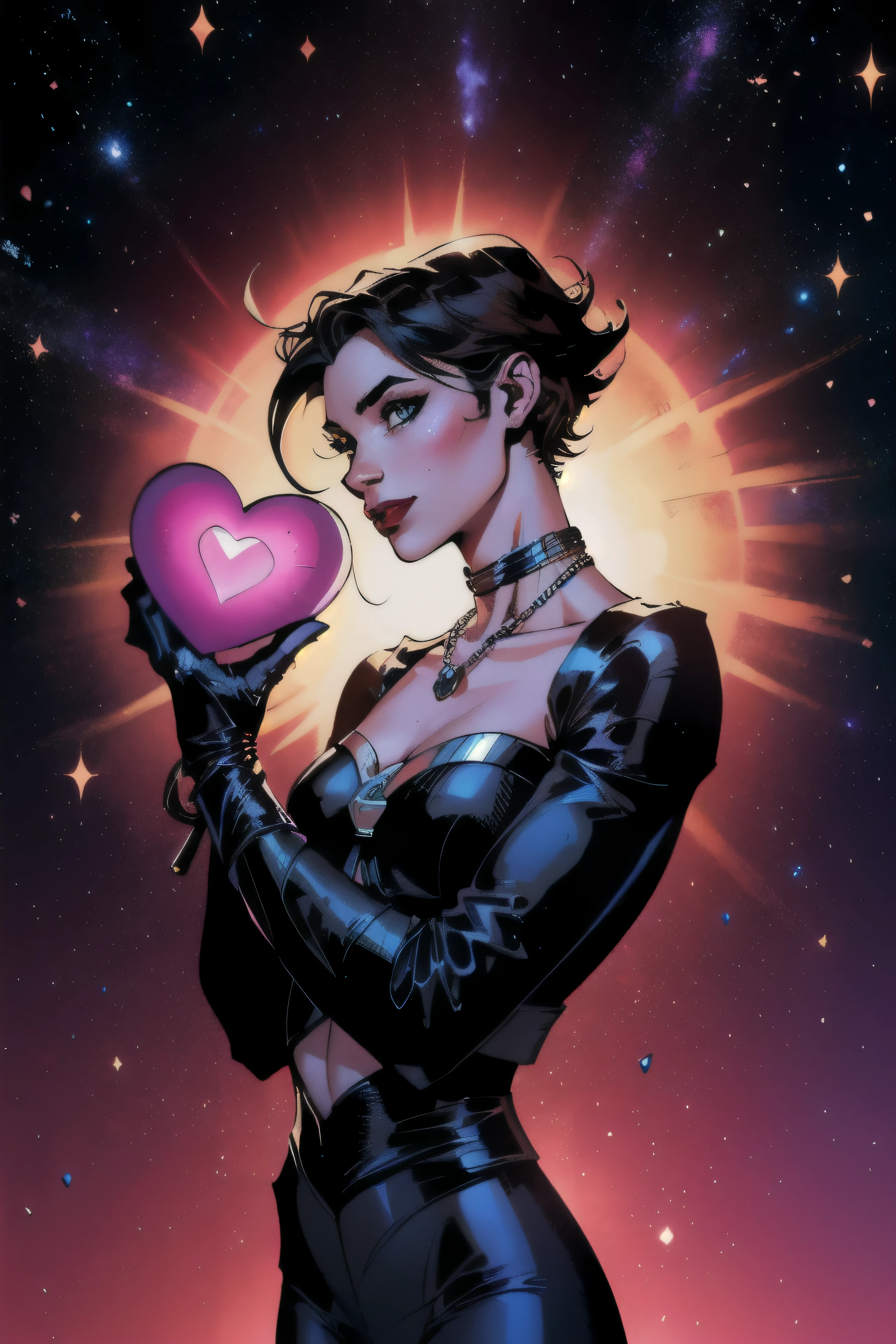 A profile illustration of a woman with light skin color, big colorful eyes (colorful eyes), wide dark brown eyebrows, a on nose, faint freckles, a heart shaped face, pink lips with a soft Cupid’s bow, her hair is chin length and short with a middle part (short hair) (middle part) (galaxy), her hair is a dark brown (very dark brown hair) but has a galaxy in them and dozens of stars (galaxy hair). She has a sly smile and cockpression. She is wearing an all black pantsuit (black pantsuit) with a black crop top, black fingerless gloves, many necklaces (many necklaces). Her hair is floating. The background is a city at twilight with purple and dark blue.