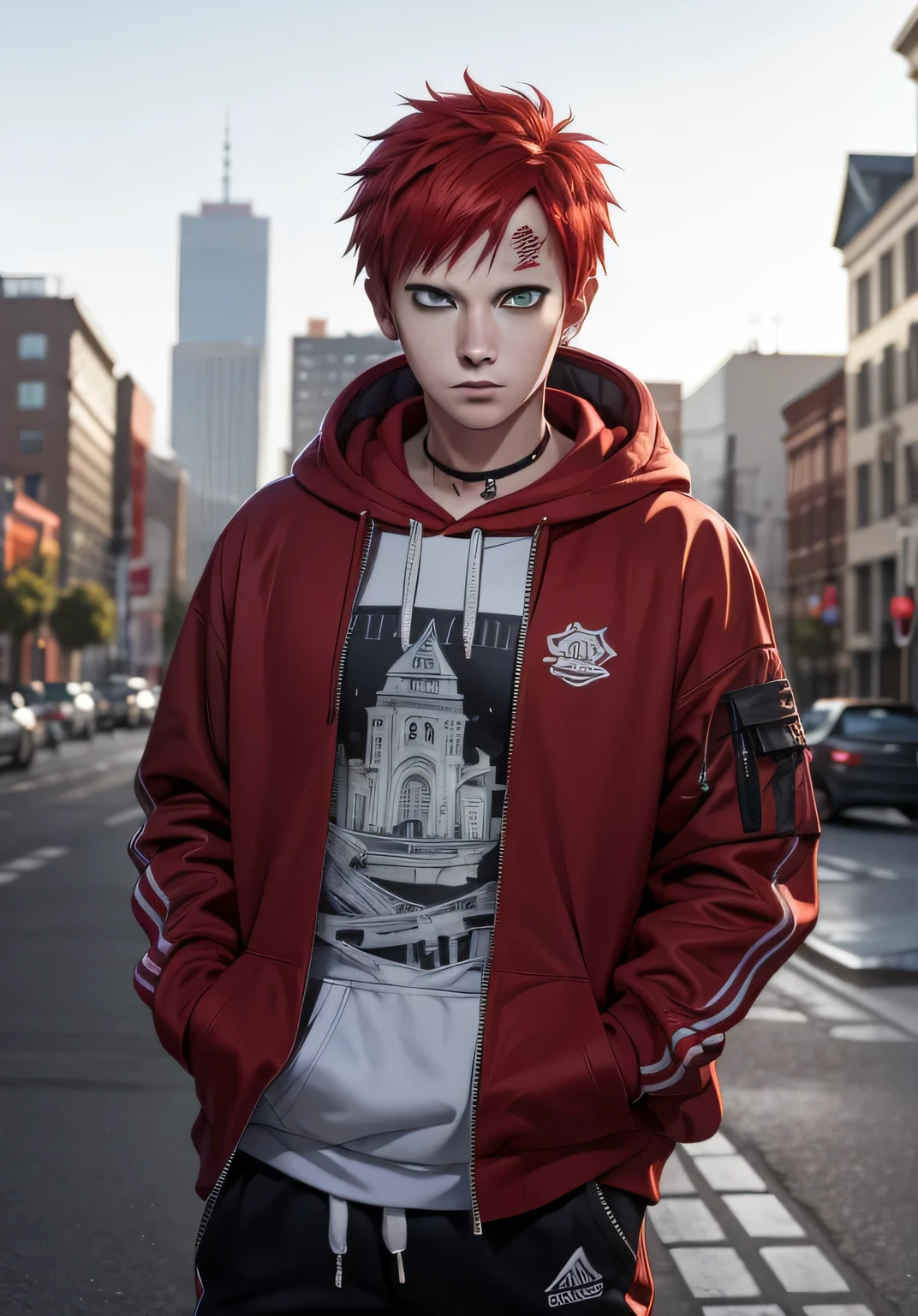 masterpiece, ultra-detailed, 1boy, male focus, upper body shot, Gaara wearing Streetwear Hoodie, red hair, look at viewer, happy face, Hands in pockets, vibrant colors, cityscape background, dinamic lighting, highly detailed face, stylish, urban style, cool attitude, bokeh, blurry background,