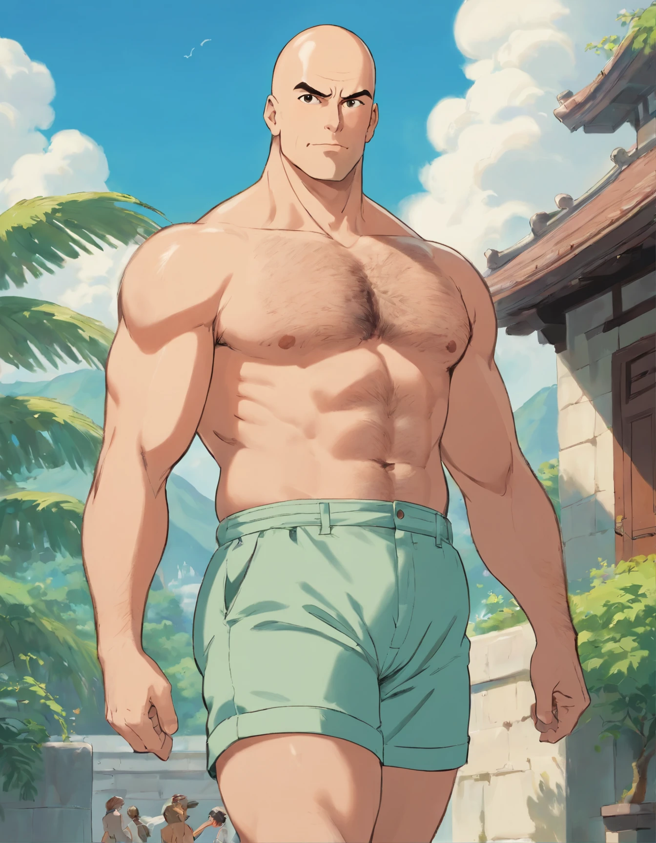 Big bald handsome man on his 50s with a very toned hairy body. Extremely sexy, shirtless wearing shorts. by James Montgomery Flagg, by Harold von Schmidt.
