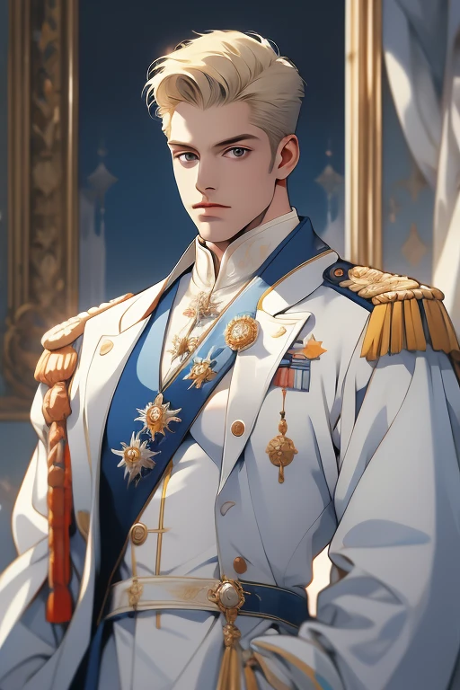(absurdres, highres, A highly detailed), 1 male, solo, mature, handsome, tall muscular guy, broad shoulders, complex details, Colored, highest details, fantaisie, royal, nobleman, Admiral, short hair hair, blonde hair, eyes blue, Fleet Commander, navy, OC, white outfit