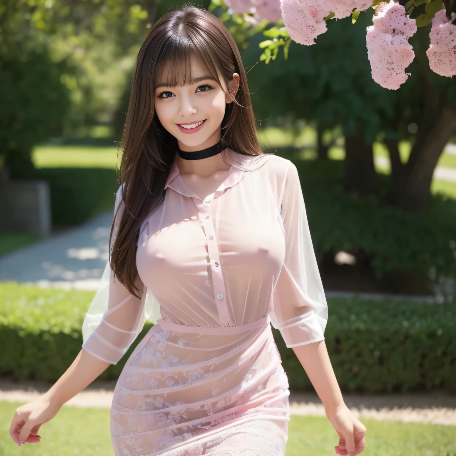 Group photo, Group photo, Very beautiful woman, Highly detailed eyes, Highly detailed face, Sexy and highly detailed lips, Super detailed everything, Attractive woman, Black Choker, blue eyes, Very long eyelashes, bangs, Big Breasts, ((smile)), highest quality, masterpiece, ((Slim face)), Japanese actress, servant, ((High nose)), ((Tight shirt、See-through shirt、Pink dress shirt)), Happy atmosphere, Fun smile, mini skirt, garden、Medium Hair