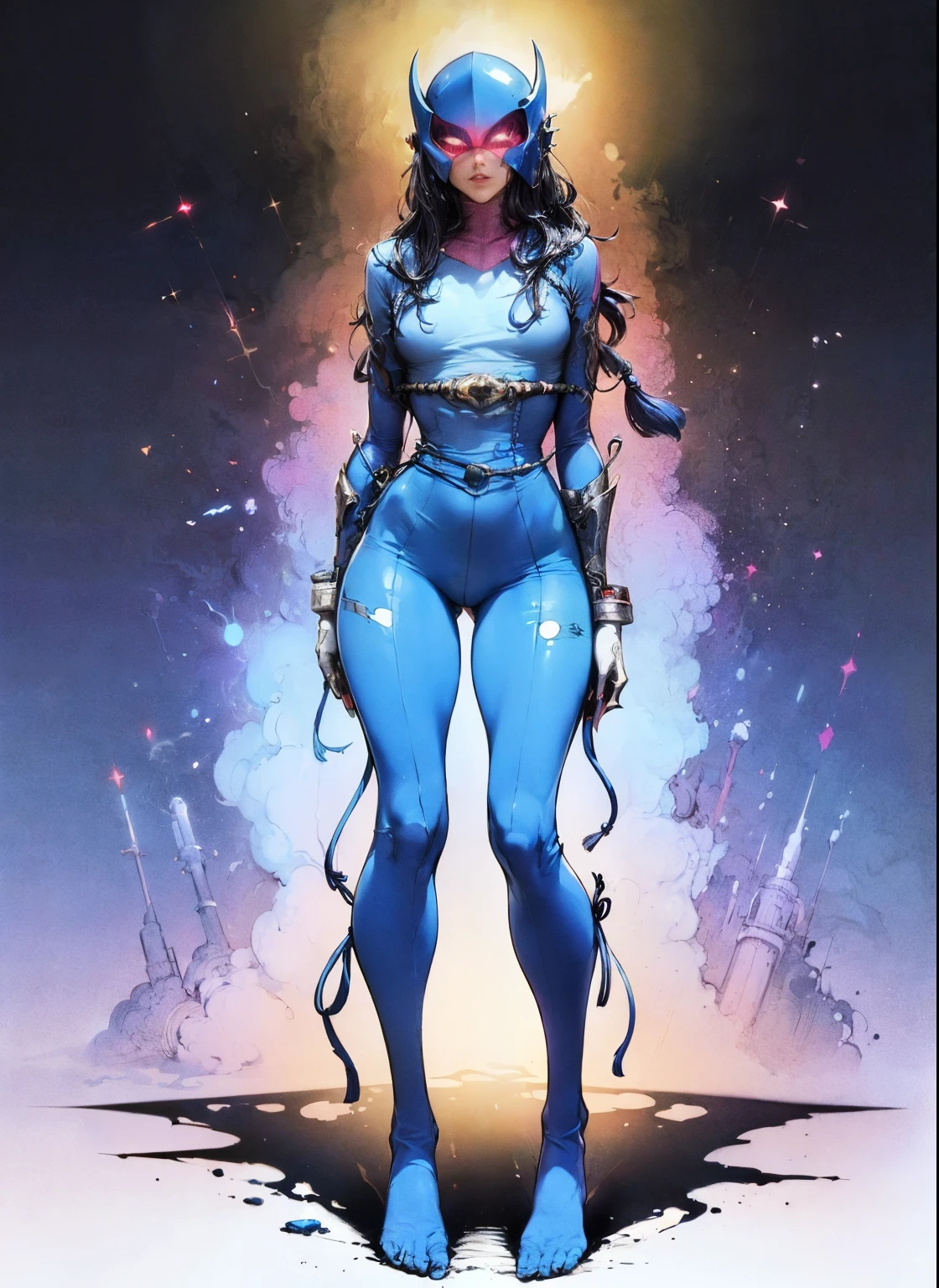 perfect proportions, anatomically correct, (head to toe: 2.0), (full body image: 2.0), solo, (Casshern: 1.6), extremely stylized, deviant art, masterpiece, highly detailed, detailed eyes, expressive detailed eyes, detailed pupils, futuristic, ((1950s scifi helmet)), ((pointy helmet)), Rubber Gloss, (blue skinsuit:1.4), white boots, entire body image, full body shot, nvinkpunk, professional photograph of alexander_skarsgard, tassles, large beads, large tassels, navy blue and white, cyberpunk, inkpunk, paint platter, ink splatter, (action pose:1.0)