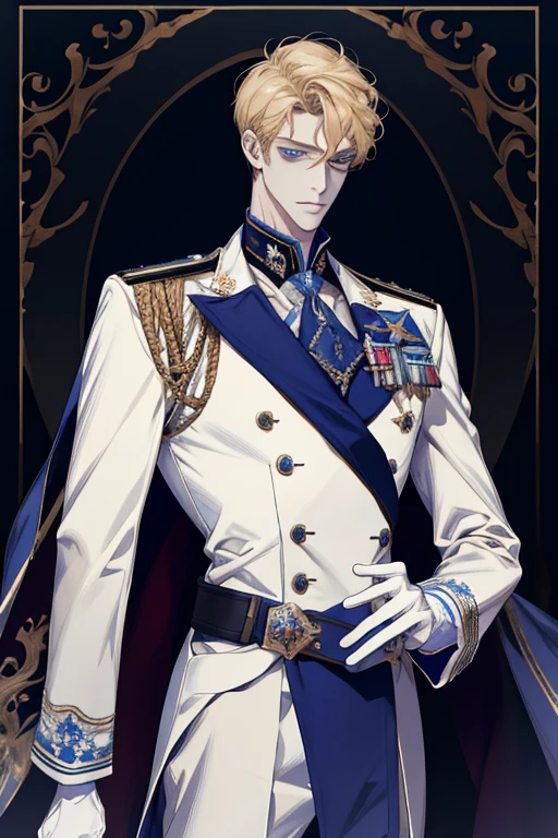 (absurdres, highres, A highly detailed), 1 male, solo, mature, handsome, tall muscular guy, broad shoulders, complex details, Colored, highest details, fantaisie, royal, nobleman, Admiral, short hair hair, blonde hair, eyes blue, Fleet Commander, navy, OC, white outfit