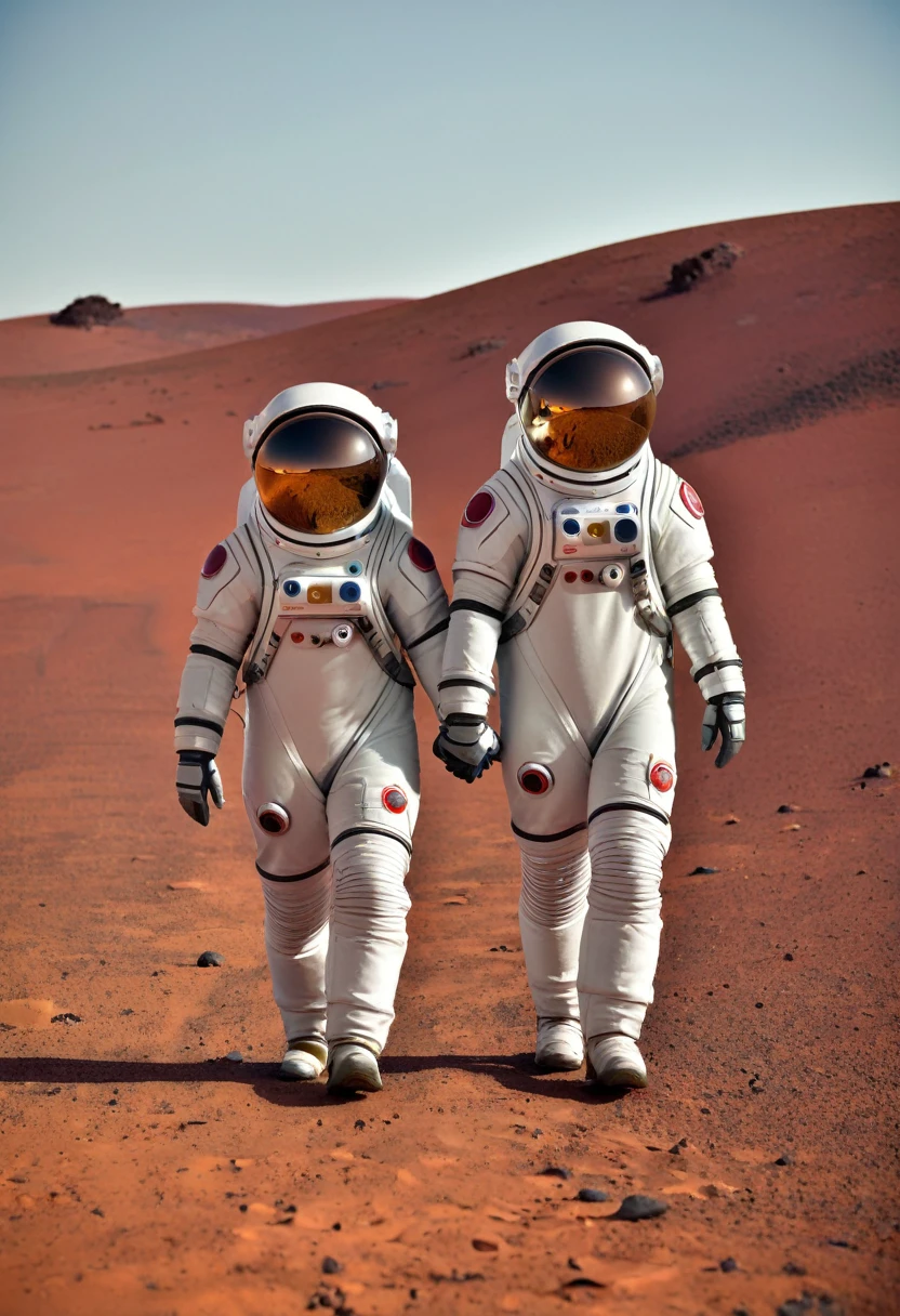 a couple of lovers dressed in extremely cute space suits and walking together hand in hand on the reddish sand surface of mars, tem a imagem do sol pequeno no horizonte, They're looking up at the sky