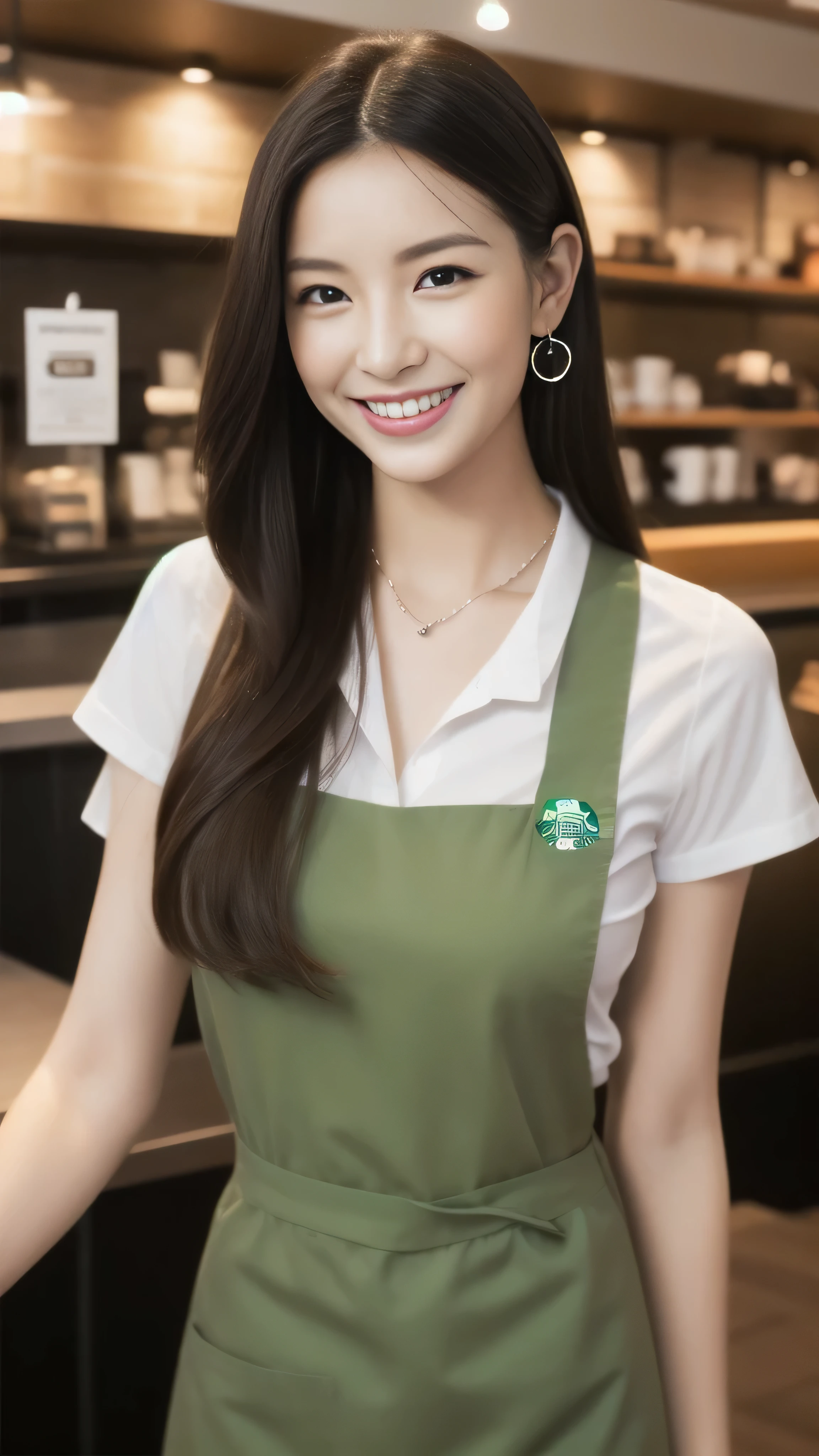 Hostess&#39;s face、Married women、Married Woman、Beauty、Starbucks Uniforms、high quality、Super Ultra Realistic、healthy、smile、Perfect figure、Japanese Beauty、 necklace、Earrings、Perfect eyes, beautiful skin、Upper Body、looking at the camera、Starbucks employee