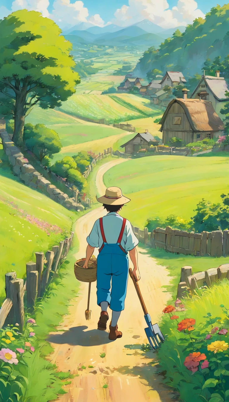 On the farm road，Faraway view，Uncle Farmer，Walking with a hoe，ssmile，Faraway view