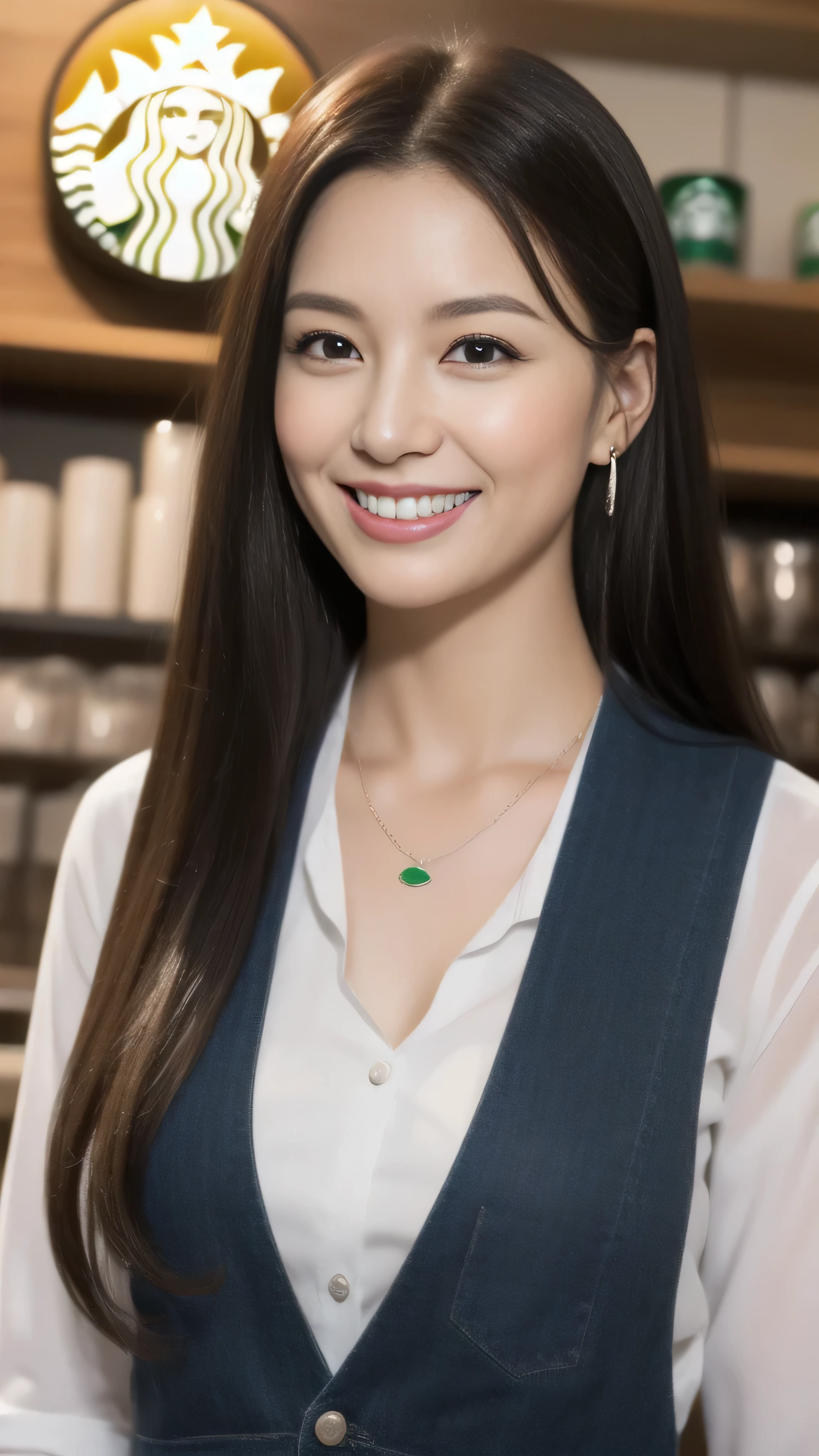Hostess&#39;s face、Married women、Married Woman、Beauty、Starbucks Uniforms、high quality、Super Ultra Realistic、healthy、smile、Perfect figure、Japanese Beauty、 necklace、Earrings、Perfect eyes, beautiful skin、Upper Body、looking at the camera、Starbucks employee