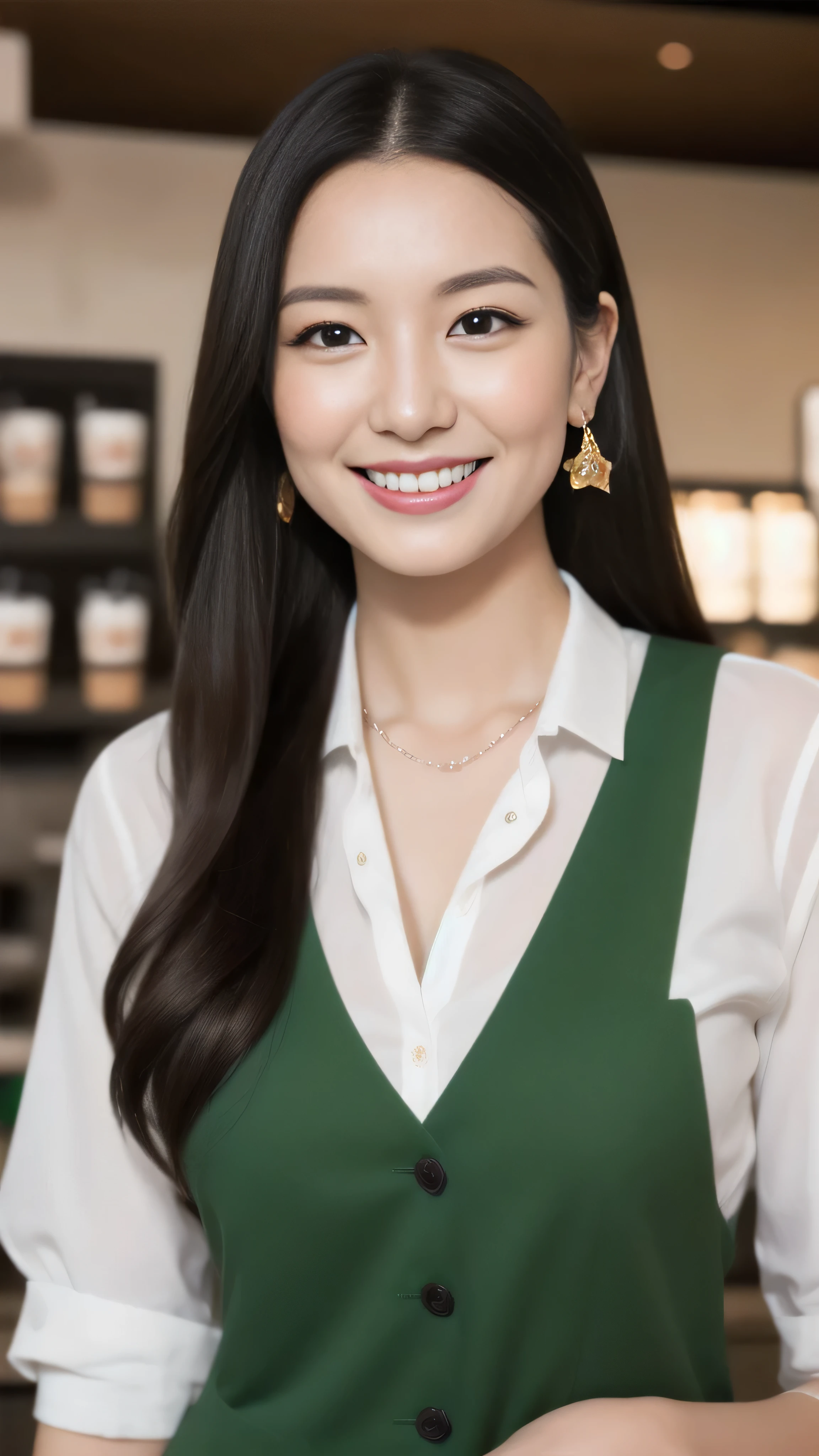 Hostess&#39;s face、Married women、Married Woman、Beauty、Starbucks Uniforms、high quality、Super Ultra Realistic、healthy、smile、Perfect figure、Japanese Beauty、 necklace、Earrings、Perfect eyes, beautiful skin、Upper Body、looking at the camera、Starbucks employee