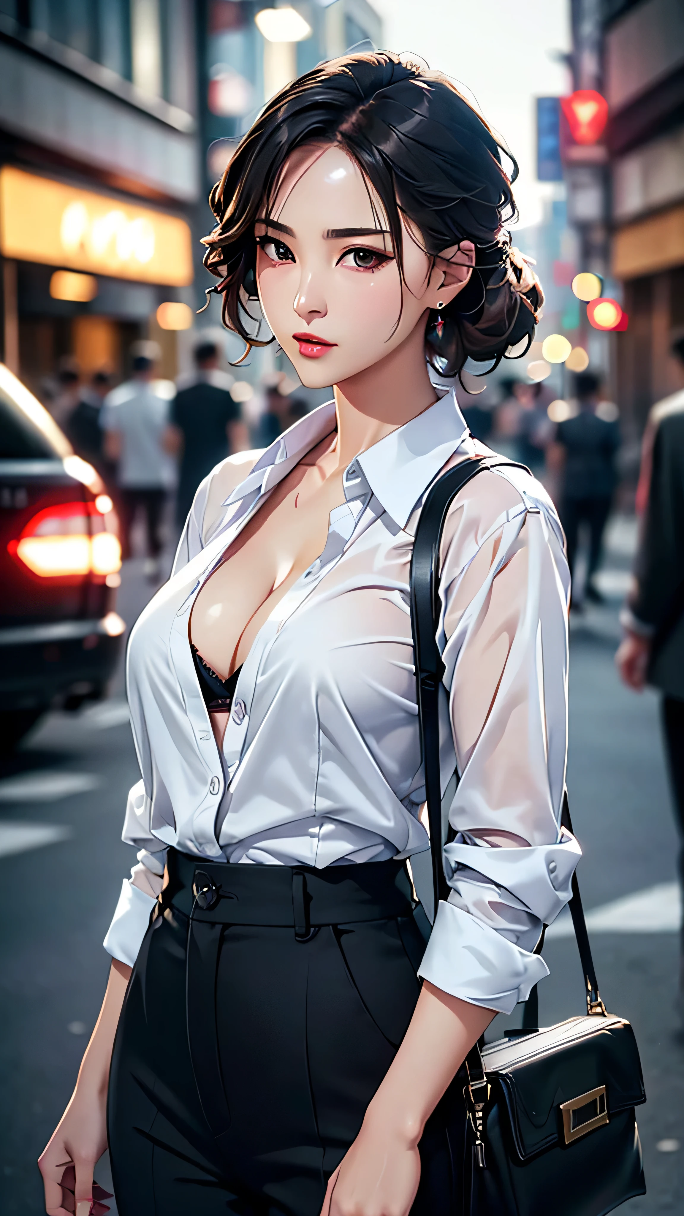 (((Practical photography))),, portrait, (seductive face:1.3),, beautiful girl, Looking at the audience, , (Uniforms:1.2), Button up your shirt and pants, , (Full cleavage:1),, in japanese street, (environment details:1.3),, (original photo, CG Unity, photography, ultra Practical details, Clear focus, Delicate skin,4K, High resolution, masterpiece, best quality, Practical, Energetic:1.2),, (8k,4K, Ultra HD, high resolution, professional, Movie, Movie, dramatic),, (Anamorphic depth of field blurred background), Detailed background,