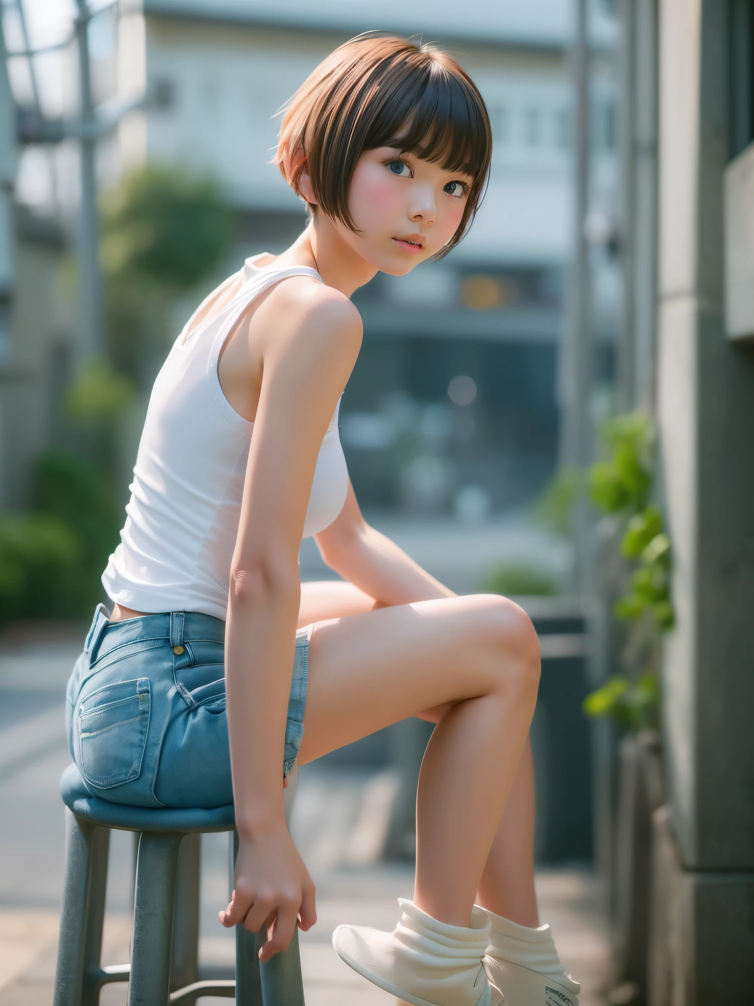 ((sfw: 1.4)), (( extra short hair, sidelocks-hair, 1Girl)),solo,((18 years old)), Ultra High Resolution, (Realistic:1.4), RAW Photo, Best Quality, (Photorealistic), Focus, Soft Light, ,((Japanese)), (( (young face))), (wearing white tanktop:1.5),((hot denim pants)),(surface), (depth of field), masterpiece, (realistic), , bangs,,()
