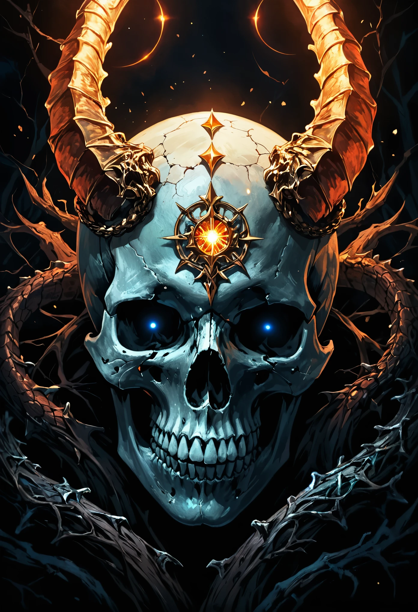 With glow horns、Close-up of a skull with a red head, Dragon Portrait, by Rostland, Benedict Barna, Morel,Multi-metal ring ornaments,Miracle,Dark atmosphere,Black Forest,glow light,Blue arc