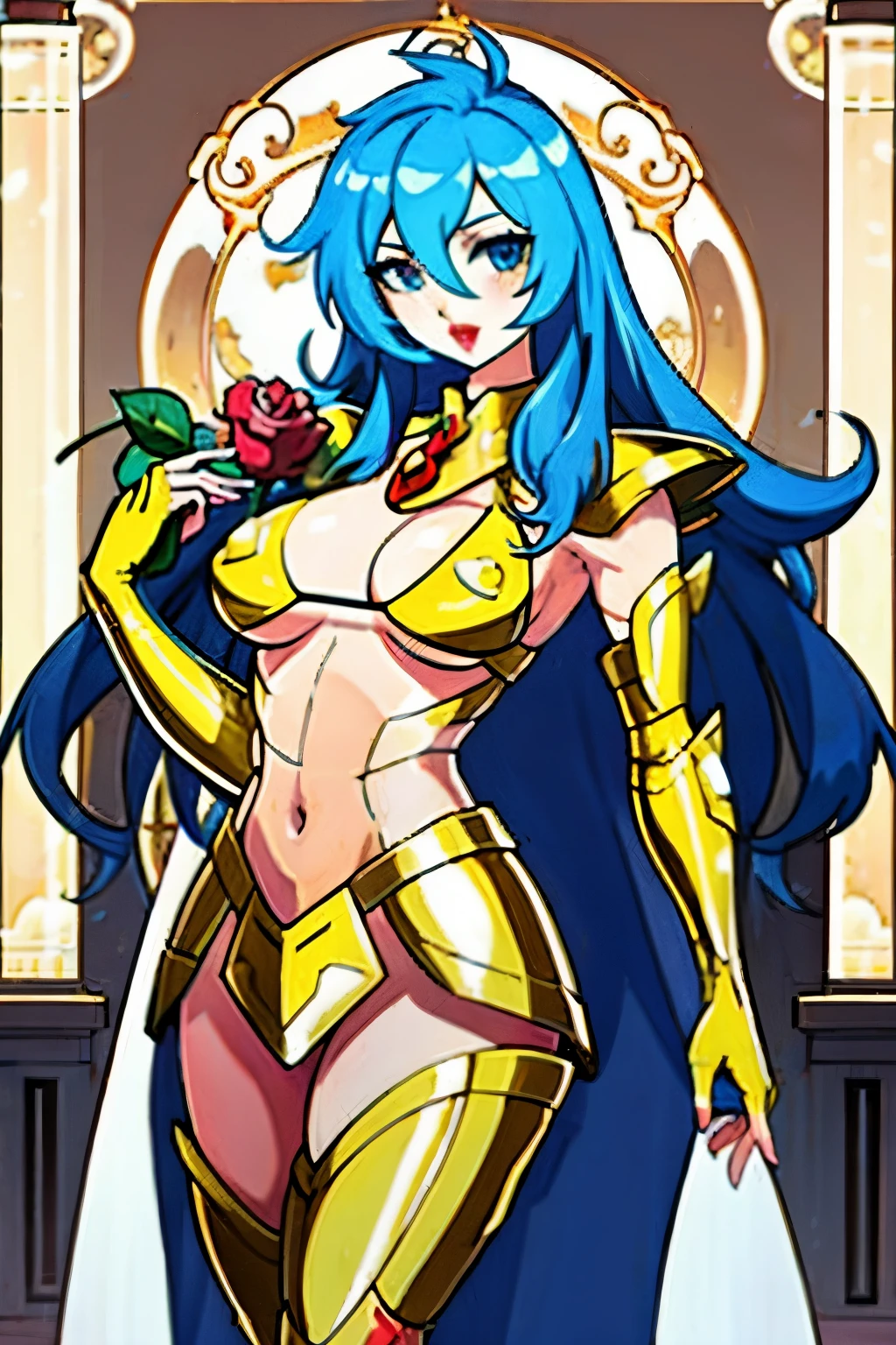 obra maestra, Mejor calidad, obra maestra, cara detallada, ojos detallados, cuerpo completo, 1 chica, pelo azul, pelo largo, blue hair, long hair, red lips, armadura de bikini femenina, gold armour,gemas aguamarina, rosa en la boca, templo griego, rosas en el suelo, breast, nsfw, +18