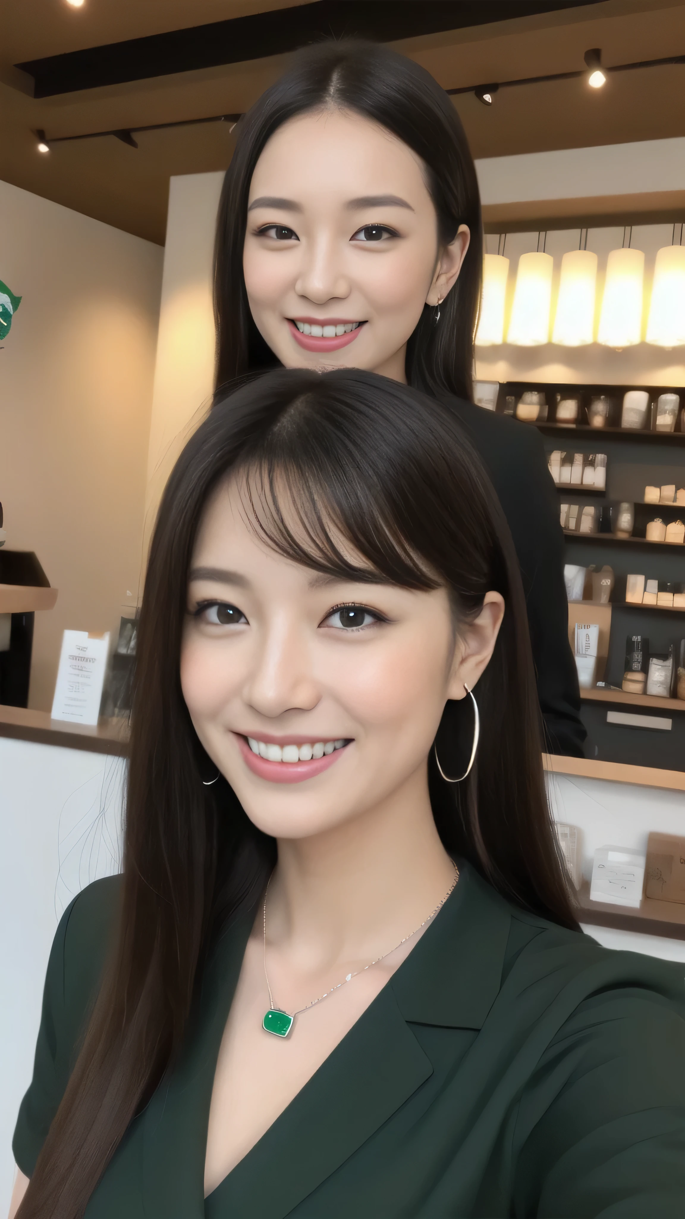 Hostess's face、Married women、Married Woman、Beauty、Starbucks Uniforms、high quality、Super Ultra Realistic、healthy、smile、Perfect figure、Japanese Beauty、 necklace、Earrings、Perfect eyes, beautiful skin、Upper Body、looking at the camera、Starbucks employee