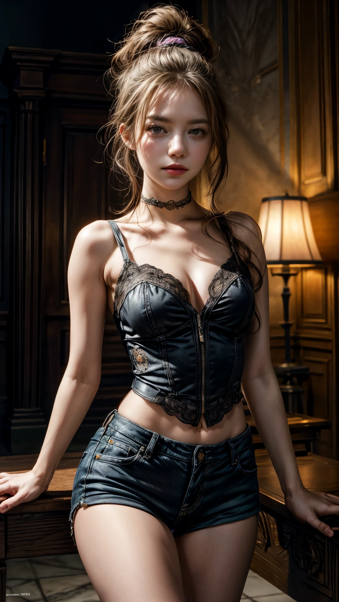 (best quality, masterpiece:1.2), (realistic,photorealistic:1.4), 8k, RAW photo, high resolution, incredible absurd-res, intricate details, extremely detailed, cinematic lighting,
solo, a beautiful woman, sitting with legs apart, excited looking, glossy light brown messy short hair, side-braided, pale skin, detailed face, detailed eyes, bare legs, wearing rough mesh silver plated chain mail, fabric shorts, superlative body proportion, (background steampunk, dieselpunk, clockpunk, cyberpunk, gear)