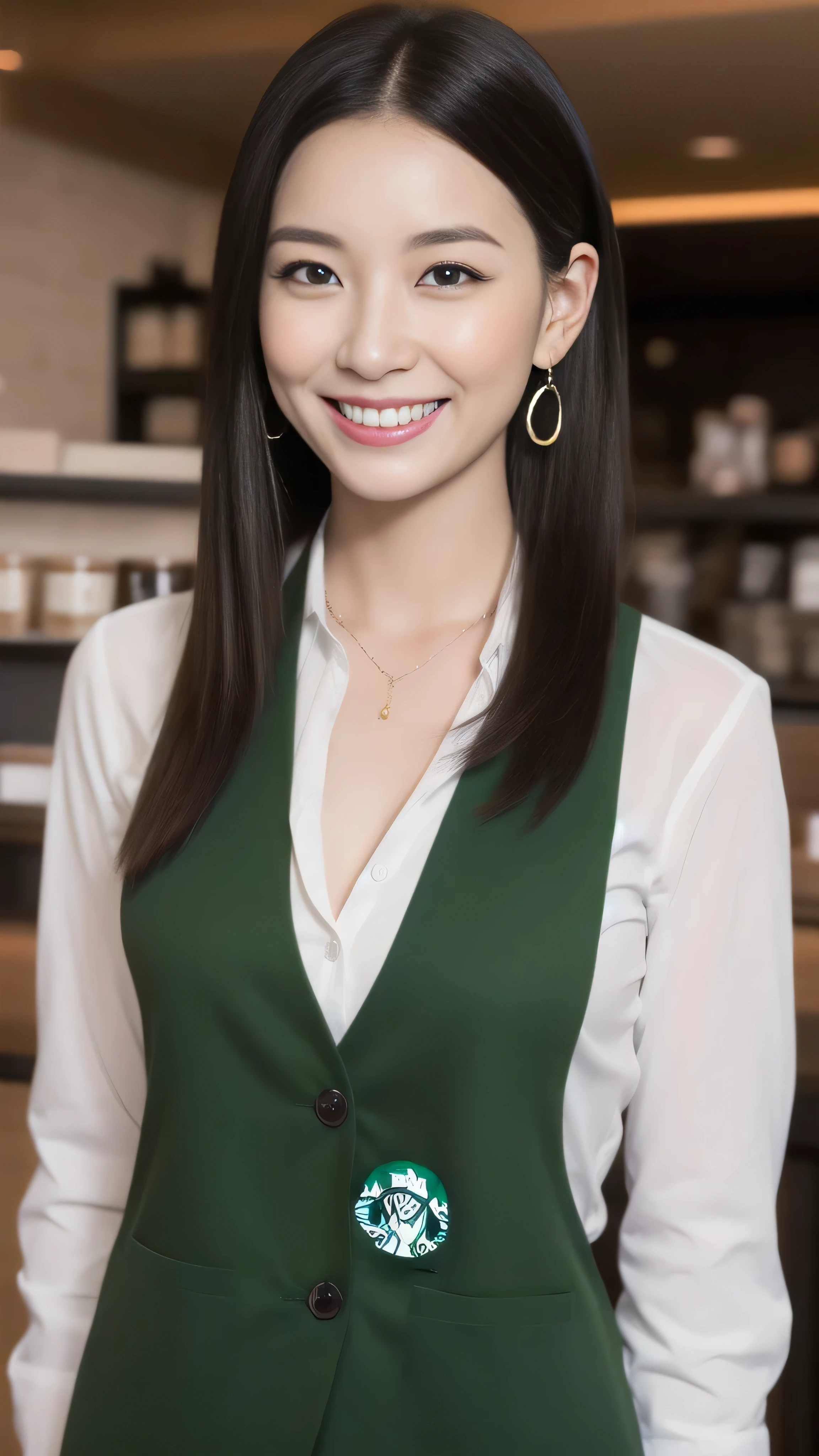 Hostess&#39;s face、Married women、Married Woman、Beauty、Starbucks Uniforms、high quality、Super Ultra Realistic、healthy、smile、Perfect figure、Japanese Beauty、 necklace、Earrings、Perfect eyes, beautiful skin、Upper Body、looking at the camera、Starbucks employee