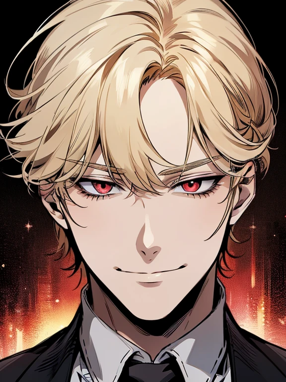 Solo, anime drawing of a man with blonde hair and red eyes, clean anime outlines, praying posture, side part bangs, medium hair length, anime portrait of a handsome man, male anime style, smirk facial