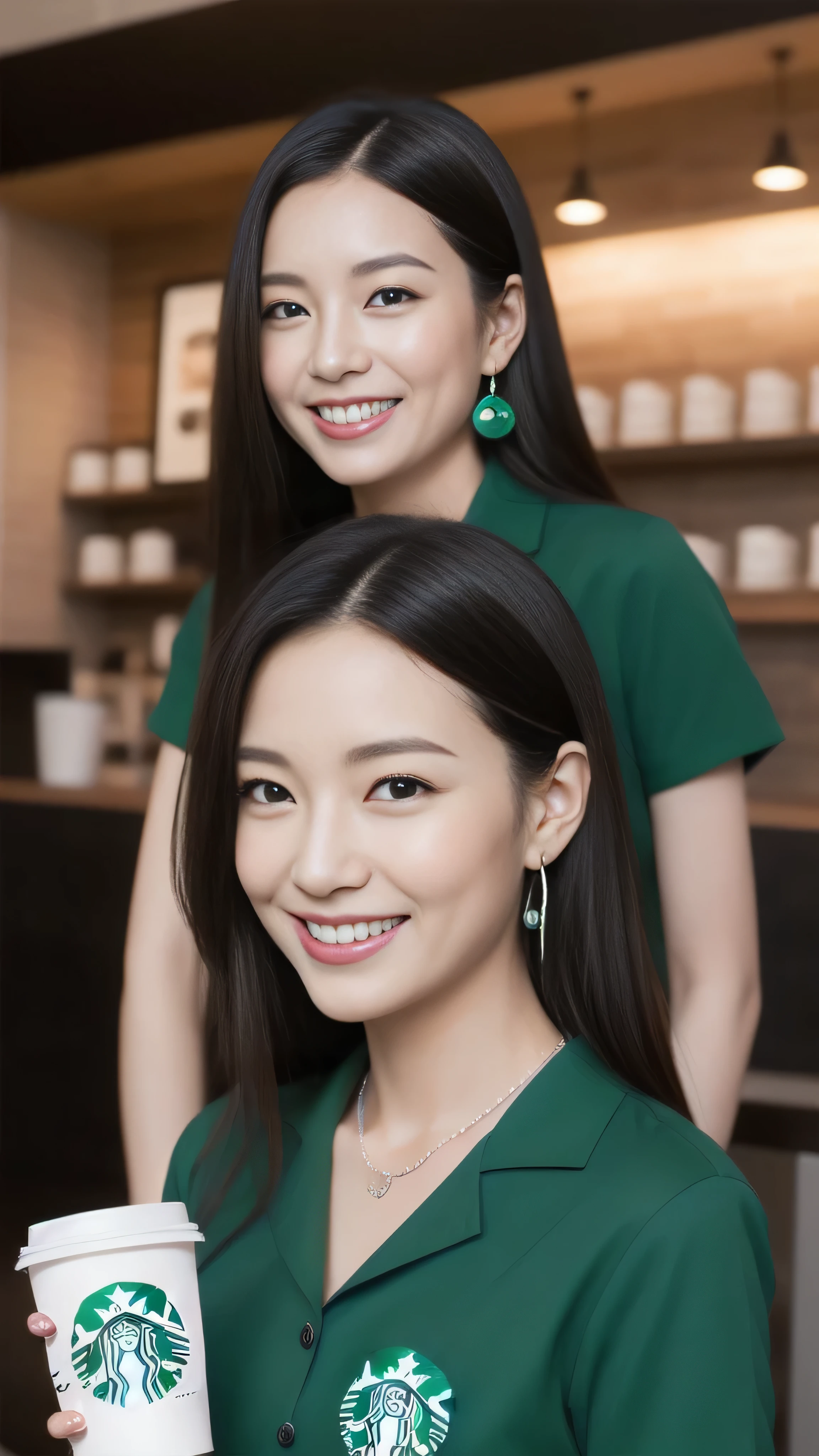 Hostess&#39;s face、Married women、Married Woman、Beauty、Starbucks Uniforms、high quality、Super Ultra Realistic、healthy、smile、Perfect figure、Japanese Beauty、 necklace、Earrings、Perfect eyes, beautiful skin、Upper Body、looking at the camera、Starbucks employee