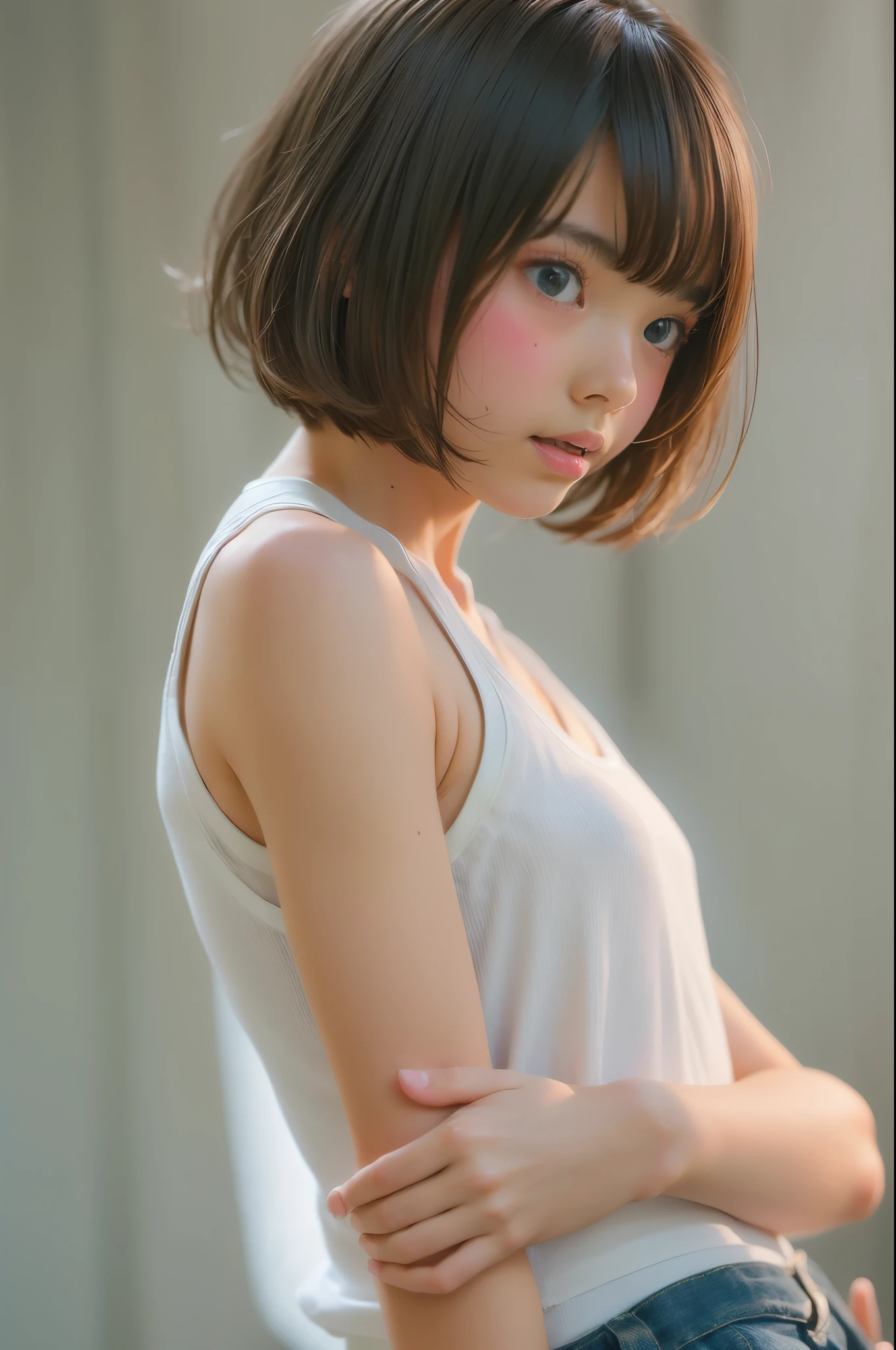 ((sfw: 1.4)), (( extra short hair, sidelocks-hair, 1Girl)),solo,((18 years old)), Ultra High Resolution, (Realistic:1.4), RAW Photo, Best Quality,(wearing white tanktop:1.5),hot denim pants (Photorealistic), Focus, Soft Light, ,((Japanese)), (( (young face))), (surface), (depth of field), masterpiece, (realistic), , bangs,,()