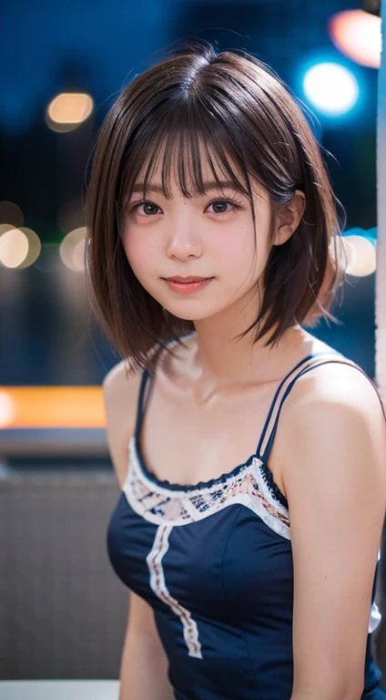 masterpiece、1 beautiful girl、Detailed eyes、Puffy eyes、Highest quality, 超High resolution, (Reality: 1.4), Cinema Lighting、Japanese、Asian Beauty、Korean、Super Beauty、Beautiful Skin、Slender、Body facing forward、(Surreal)、(High resolution)、(8k)、(Very detailed)、(Beautiful and detailed eyes)、(Ultra-detailed)、 (wallpaper)、Detailed face、Bright lighting、Professional Lighting、View your viewers、Look straight ahead、The outfit is a clean light orange shirt and dress.....、46 point diagonal bangs、Night Scenery、Brown Hair、Nogizaka Idol、Korean Idol、Gravure idol pose、、Age 25、expensive,