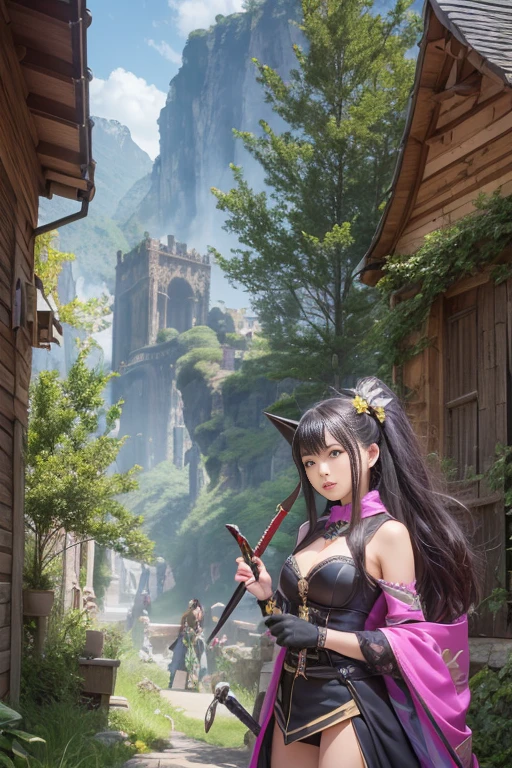 smile、((Fully exposed cleavage))、(((Browsing Caution:1.25))),,(((Very beautiful woman:1.44))),(非常にLong Hair),(whole body,( A:1.3),(SF),whole body,Anime Girls, pink magical girl dress, Long Hair, glowing sword in hand, Hiding from a siege of mechs and monsters, MMORPG Screenshots, Finding, TPS games, Game CG、