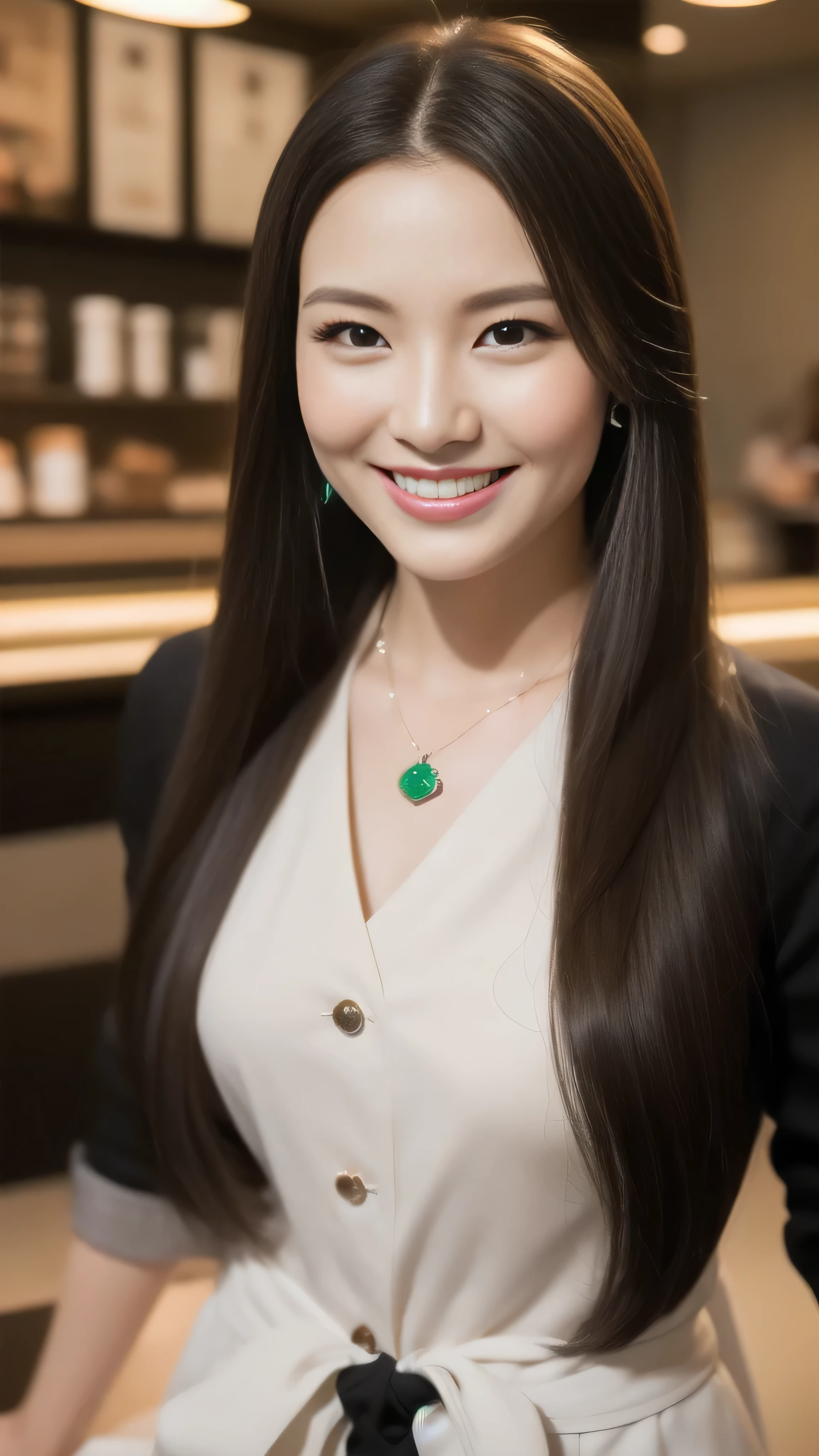 Hostess&#39;s face、Married women、Married Woman、Beauty、Starbucks Uniforms、high quality、Super Ultra Realistic、healthy、smile、Perfect figure、Japanese Beauty、 necklace、Earrings、Perfect eyes, beautiful skin、Upper Body、looking at the camera、Starbucks employee