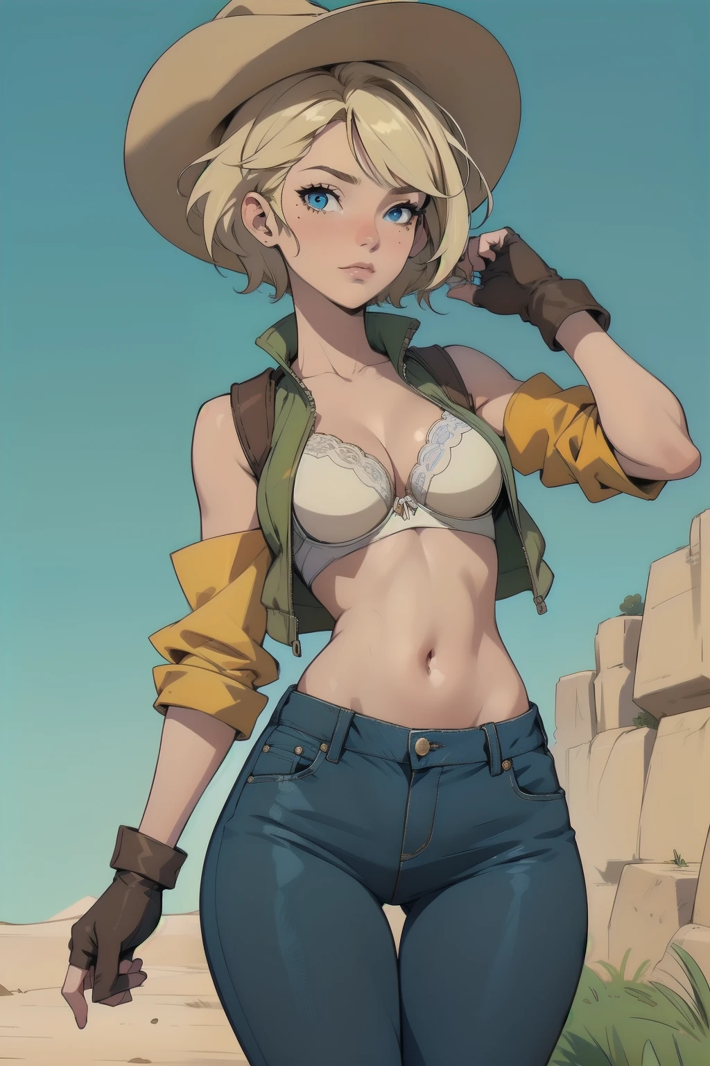 1girl, cowboy hat, white bra, green vest, no sleeves, navel, blue jeans, brown boots, fingerless gloves, short gloves, slight smile, short hair, blonde hair, parted bangs, blue eyes, mole under right eye, American Old West, sunny desert background, belt, best quality, masterpiece