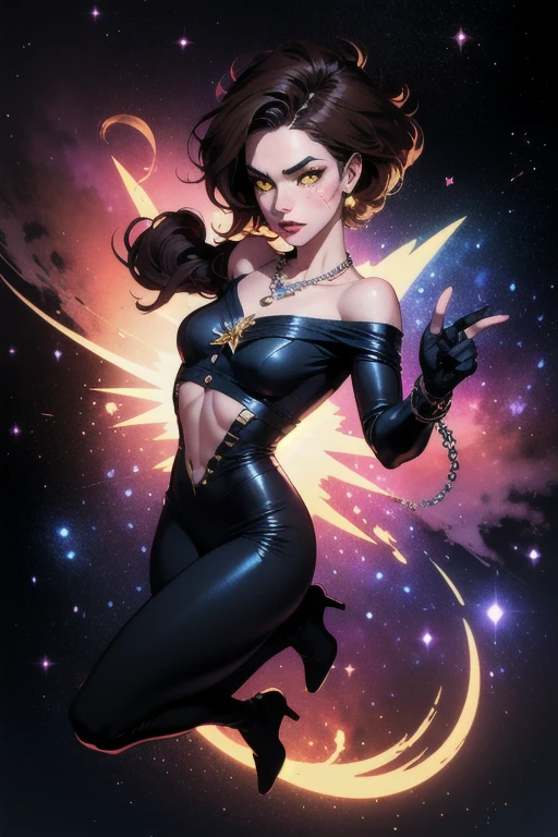 A full body illustration of a woman with light skin color, big colorful eyes (colorful eyes), wide dark brown eyebrows, a button nose, faint freckles, a heart shaped face, pink lips with a soft Cupid’s bow, her hair is chin length and short with a middle part and butterfly cut (short hair) (middle part) (galaxy), her hair is a dark brown (very dark brown hair) but has a galaxy in them and dozens of stars. She has a serious and intimidating expression. She is wearing an all black pantsuit (black pantsuit) with a black crop top, black fingerless gloves, many necklaces (many necklaces) (many rings), and black flats. She is floating and her hair is floating too. The background is a city at twilight with purple and dark blue. Next to her is a blue man with yellow eyes (yellow eyes) (blue skin) and a blue Devil tail (blue Devil tail) he’s wearing a black and red spandex suit.