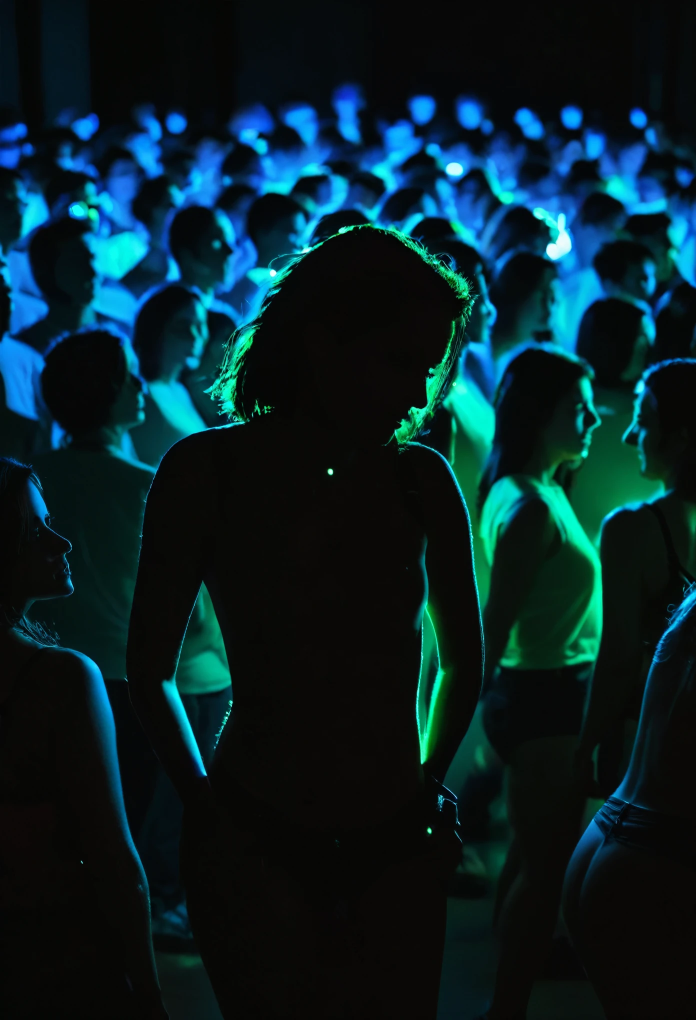 Retrato de uma jovem de 25 anos, lindo rosto perfeito, petit teen, pele realista detalhada, sorridente, linda brasileira, nu, bunda grande, coxas grossas, sapatos de salto alto brilhantes, hands arranging hair, back looking back, minissaia verde, dancing, olhos fechados, black nylon panties, cabelo preto, pelos pubianos, micro bra, em sala fechada, Parede com telhas de metal preto,  (discoteca escura, Hall, luzes laser coloridas, espelhos globo, caixas de som, crowd of shadows around and good-natured: 1.2), retrato de corpo inteiro, usando fones de ouvido com led.