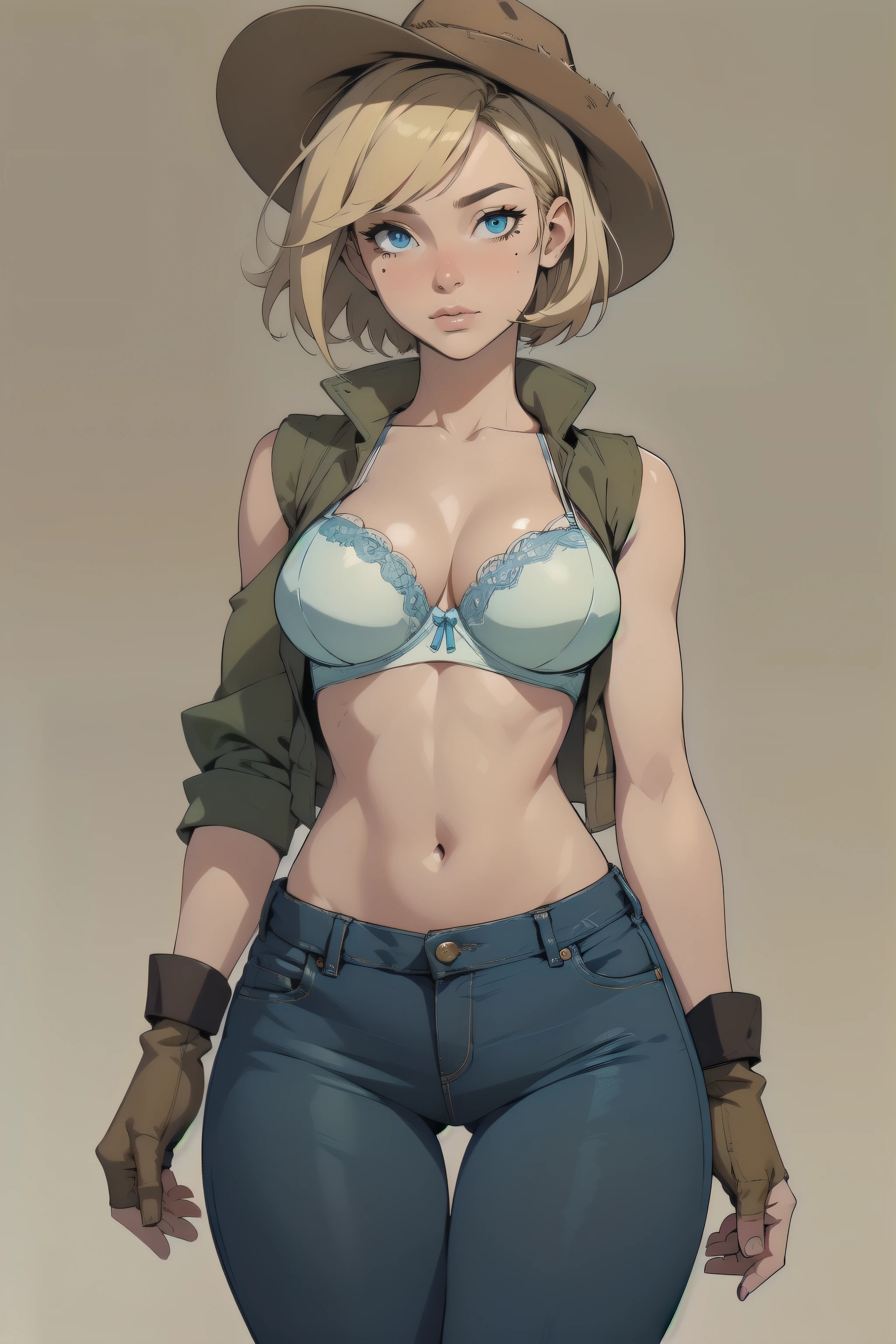 vibrant color, saturated color, colorful, 1girl, cowboy hat, beautiful face, white bra, green vest, no sleeve, navel, blue jeans, brown boots, fingerless gloves, short hair, blonde hair, parted bangs, blue eyes, mole under right eye, American old west, best quality, masterpiece, sensual but confident pose, thigh gap, wild west, sunny background,