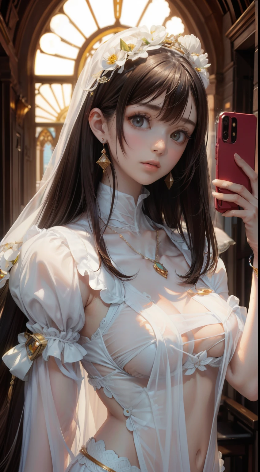 1 girl,(Highly detailed skin),bent,,beautiful胸,Big Breasts,Pale skin,Pointed Chest,Erect nipples,(Fantasy art,Best image quality,surrealist portrait,(8k),Ultra-realistic,最high quality, high quality, High resolution, high quality texture,Attention to detail,beautiful,become close,Highly detailed CG,become closeテクスチャー,Realistic expression,masterpiece,Presence,dynamic,bold),Bob Hair,(Very thin hair),(Very soft hair),(Super Straight Hair:1.5),流した長いbangs,Hair above one eye.Black Hair、bangs、Look forward、Looking at the audience、Two-dimensional beautiful girl、smile、The bride with the perfect female body who walked into the church, delicate face, high nose, bright eyes, soft lip shape, holding a bouquet of flowers, white transparent silk scarf on her head, accessories (bracelets, necklaces, earrings, bracelets), shoulder-length hair, light makeup, medium breast size, wearing half jacket, selfie, Canon EOS clear facial features, 8K high resolution, clear and realistic details.