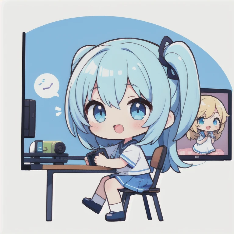 1 girl, Cute anime face girl, Big eyes, Long eyelashes,Light blue skirt,Light blue long hair,Bright Blue Eyes, k cute girl avatar, Nintendo Switchをプレイする, A happy look, Mouth open, Chibi Character, Simple Background, with outline, Sitting in a chair facing the TV, From the side, full body