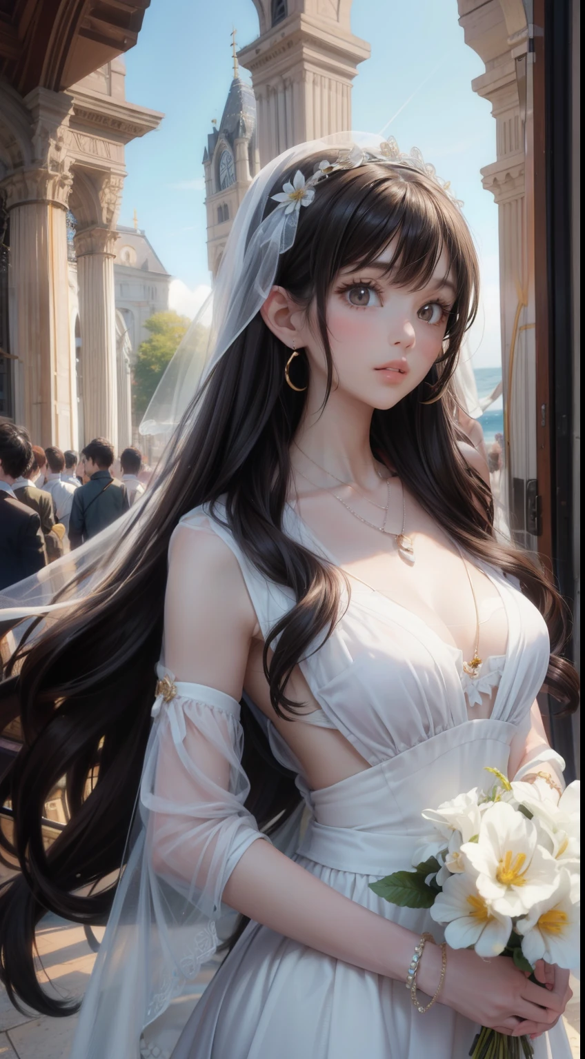 Beach,Black Hair,Straight hair,Long Hair、The bride with the perfect female body who walked into the church, delicate face, high nose, bright eyes, soft lip shape, holding a bouquet of flowers, white transparent silk scarf on her head, accessories (bracelets, necklaces, earrings, bracelets), shoulder-length hair, light makeup, medium breast size, wearing half jacket, selfie, Canon EOS clear facial features, 8K high resolution, clear and realistic details. Super high quality,masterpiece,super high quality,Ultra-high resolution,Best image quality,Top-class,最high quality,Highest Resolution,high quality,beautiful,beautiful,high quality,Genuineな質感,Genuine,8k,Detailed,Two-dimensional beautiful girl