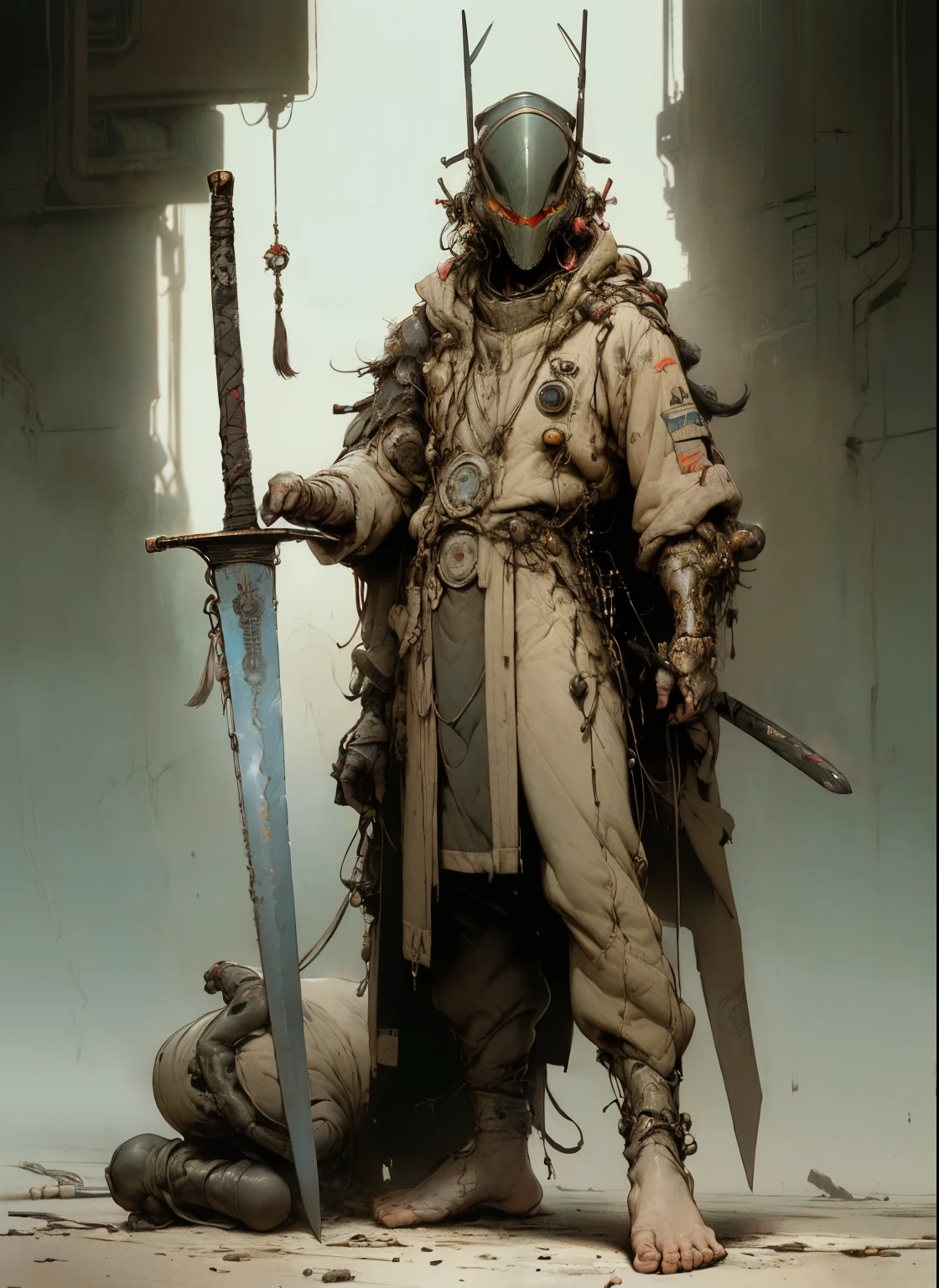 perfect proportions, anatomically correct, (head to toe: 2.0), (full body image: 2.0), solo, (Casshern: 1.6), extremely stylized, deviant art, masterpiece, highly detailed, detailed eyes, expressive detailed eyes, detailed pupils, futuristic, ((1950s scifi helmet)), ((pointy helmet)), Rubber Gloss, (flightsuit:1.4), big boots, entire body image, full body shot, nvinkpunk, professional photograph of alexander_skarsgard, tassles, large beads, (large tassels), cyberpunk, inkpunk, paint platter, ink splatter, (action pose:1.0), ((holding a sword))