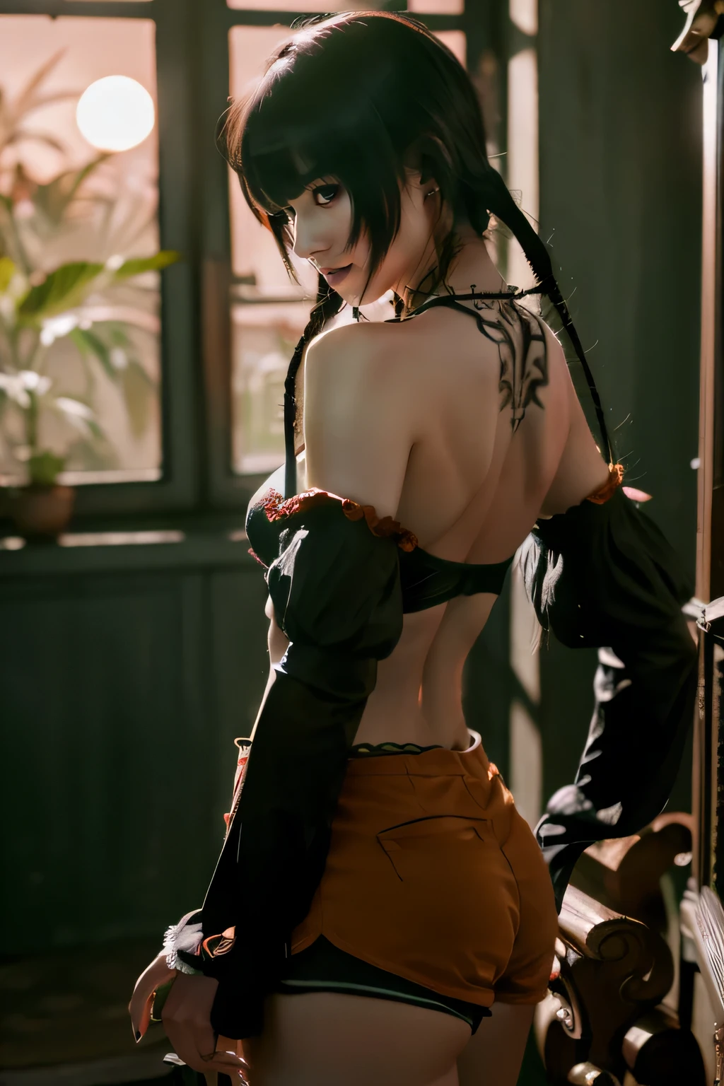 Eliza from Tekken, in a black bra with a blouse falling off her shoulders, in short shorts, sensual look, in the living room of her house relaxing, soft orange light over the environment at dusk