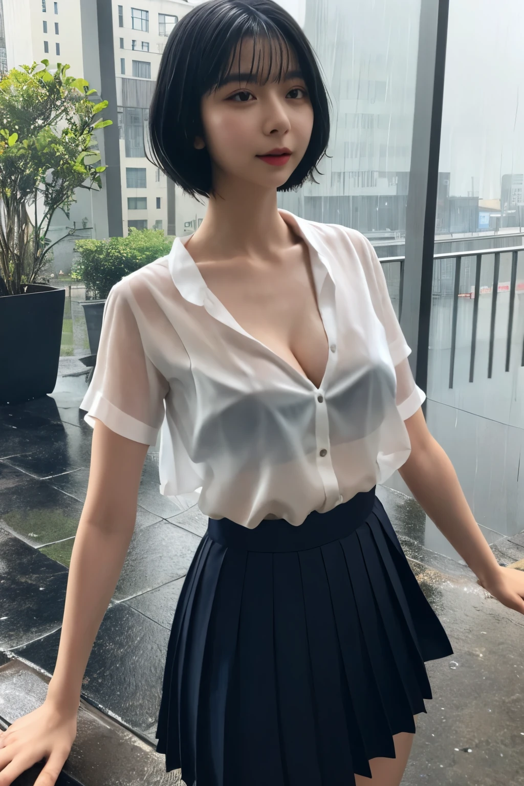 Masterpiece、highest quality、Woman 1、Super detailed、gravure　Black Hair、Short Hair　White Shirt、Navy Pleated Skirt、see through　Cleavage、clavicle、Upper arms　getting wet from rain、Basking in the rain　Rainy city、flood