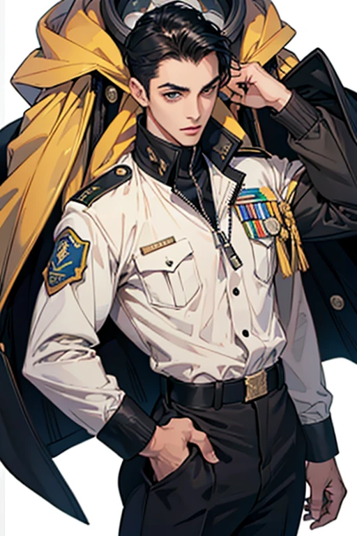 ((obra-prima, Precisar,Aesthetics of business negotiation)),1 ruim apenas, Close-up, (olhos determinados),(army suit),(white pilot captain jacket:1.3)(Detailed US Air Force pilot uniforms:1.5)(cabelos preto e longos),(roupa formal),Homens maduros,(clear facial features,texturas de pele detalhadas,rosto bonito),fundo branco, Pele amarela, standing,(obra-prima,Quoridade superior,melhor qualidade),(((cores planas))),forte,
