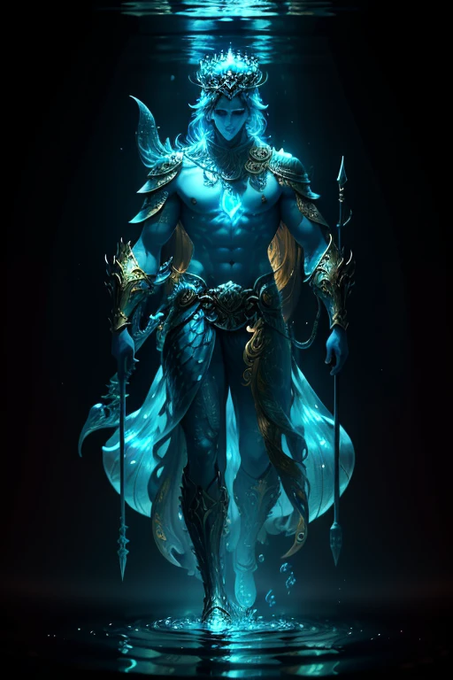 Picture a human-like figure with fish-like characteristics, standing proudly with a staff in hand. His scales shimmer in the light, reflecting a rainbow of colors. The figure's eyes are large and bright, filled with an otherworldly intelligence. He wears a crown made of seaweed and shells, his gills flapping gently as he takes a deep breath. His mouth forms the words "I am Leviathan."

This image is a full-body portrait, captured in the highest quality. The details are ultra-detailed and intricately rendered, every scale on the figure's body meticulously crafted. The sunlight filters through the water, casting a golden glow on