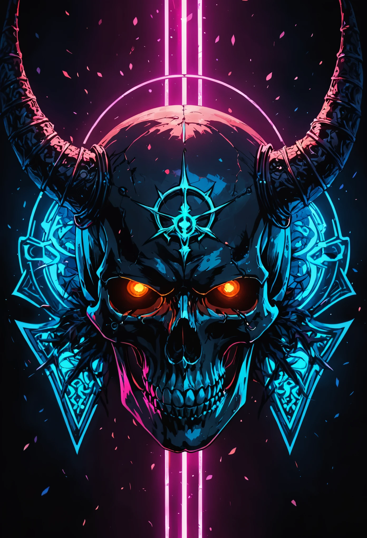 With violet glow horns、Close-up of a white skull,  Dragon Portrait, by Rostland, Benedict Barna, Morel，(((Multi-metal ring ornamentiracle，Dark atmosphere，red fire，((neon glow light))，((Blue arc))