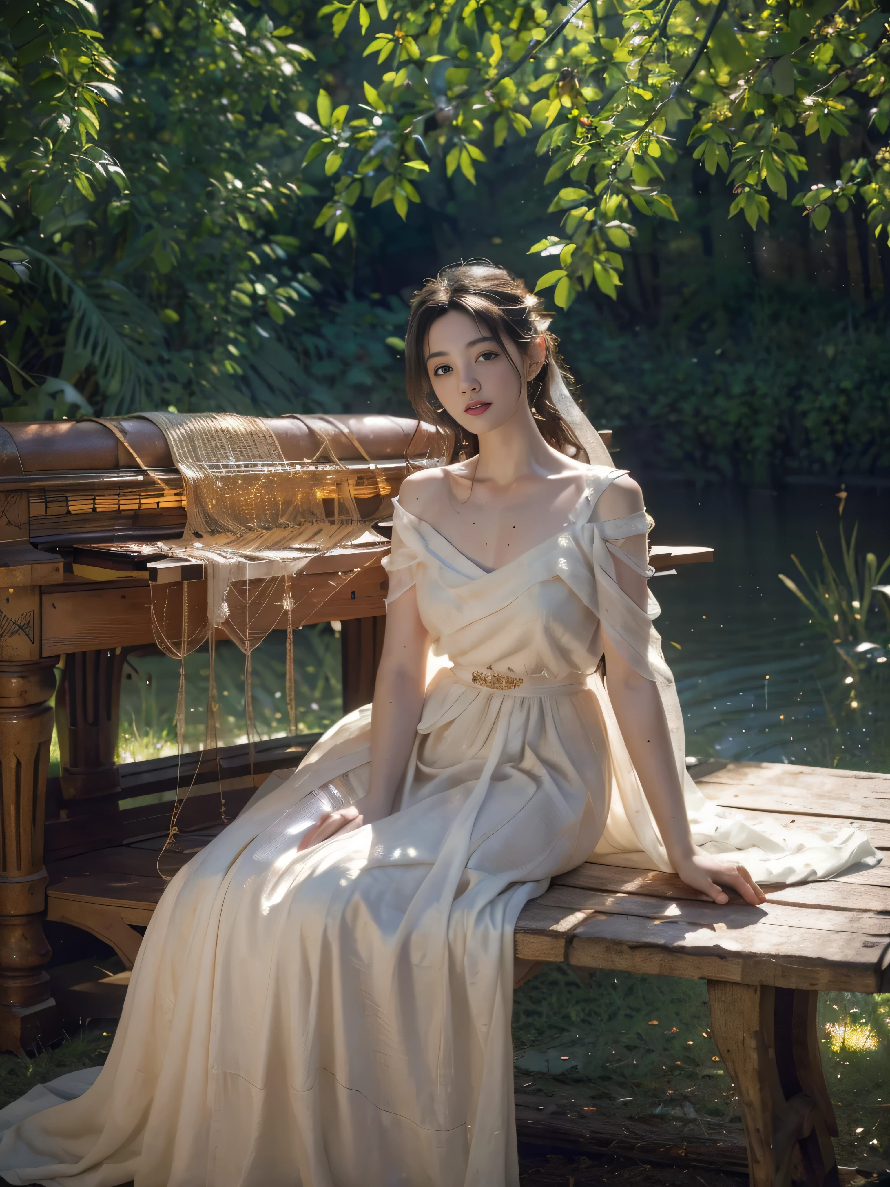 8k, best quality, Masterpiece, Ultra high resolution, (realism: 1.6), original photo, (realistic skin texture: 1.4), (Film texture: 1.5), ( Potrait ) , 1 girl, goddess , Long white fairy dress with red branch pattern , Sitting next to a wooden weaving machine, Beautiful eyes and facial details, Masterpiece, best quality, far , see the whole body , looking at the audience