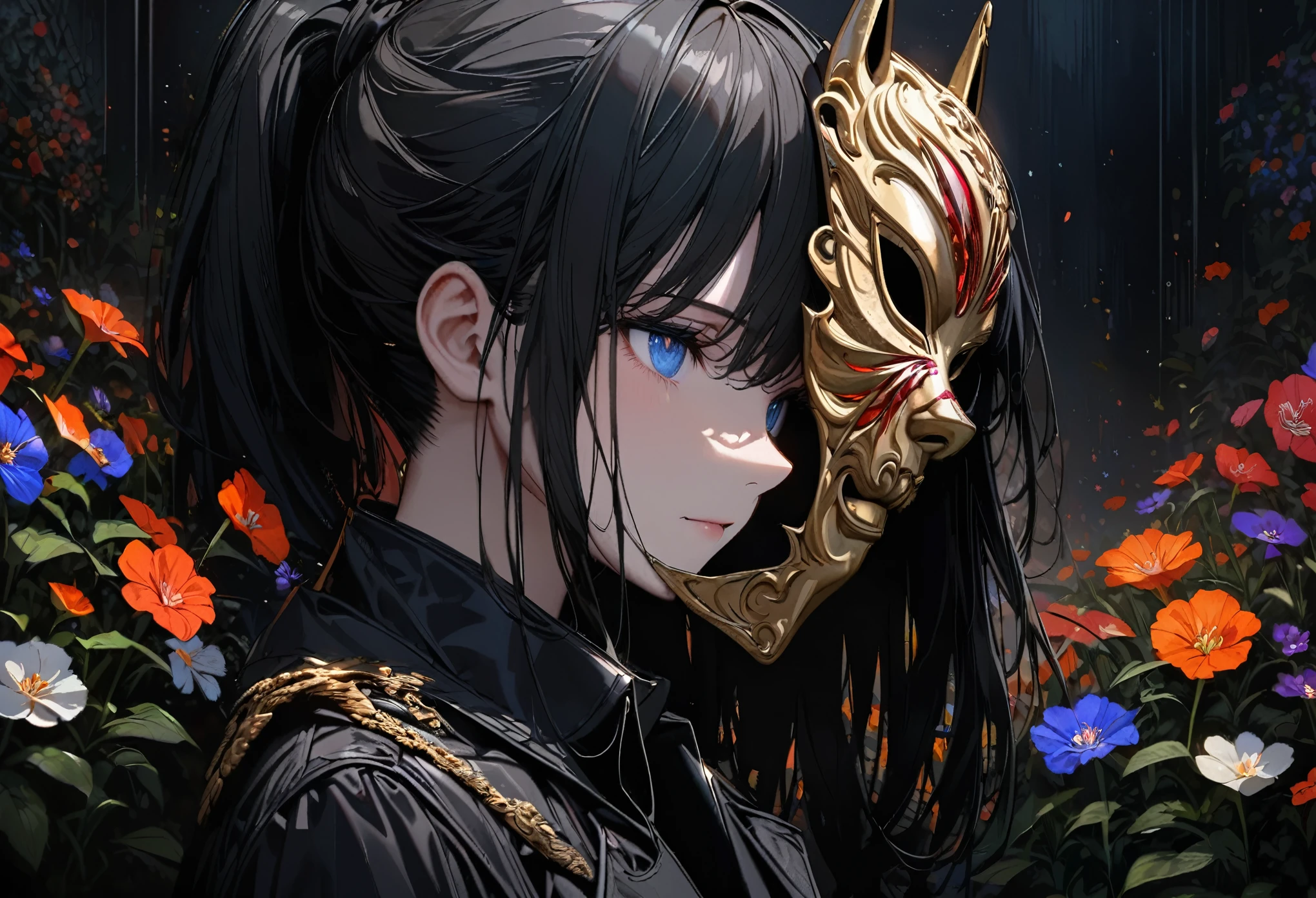 1 matured woman, black trench coat, black long pants, black hair, (Half of the face is hidden by a mask:1.2), blue eyes, slightly opened eyes, pony tail, Side view of the face, no smile, detailed background, dark background, night flower garden, ultra detailed, 8k