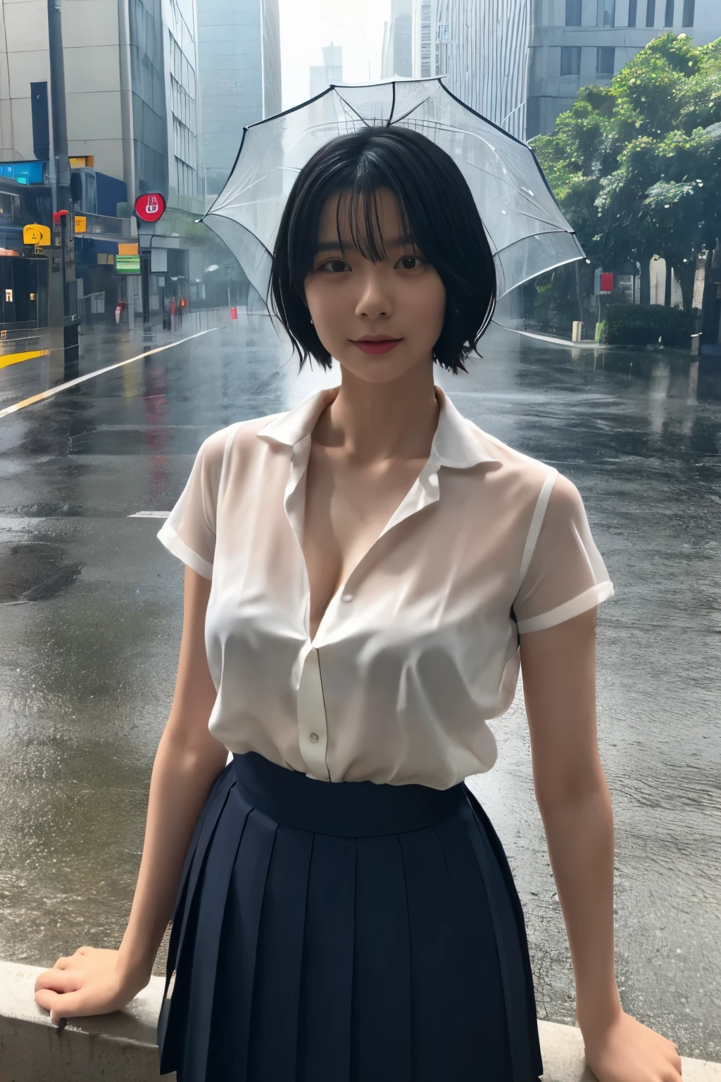 Masterpiece、highest quality、Woman 1、Super detailed、gravure　Black Hair、Short Hair　White Shirt、Navy Pleated Skirt、see through　Cleavage、clavicle、Upper arms　getting wet from rain、Basking in the rain　Rainy city、flood