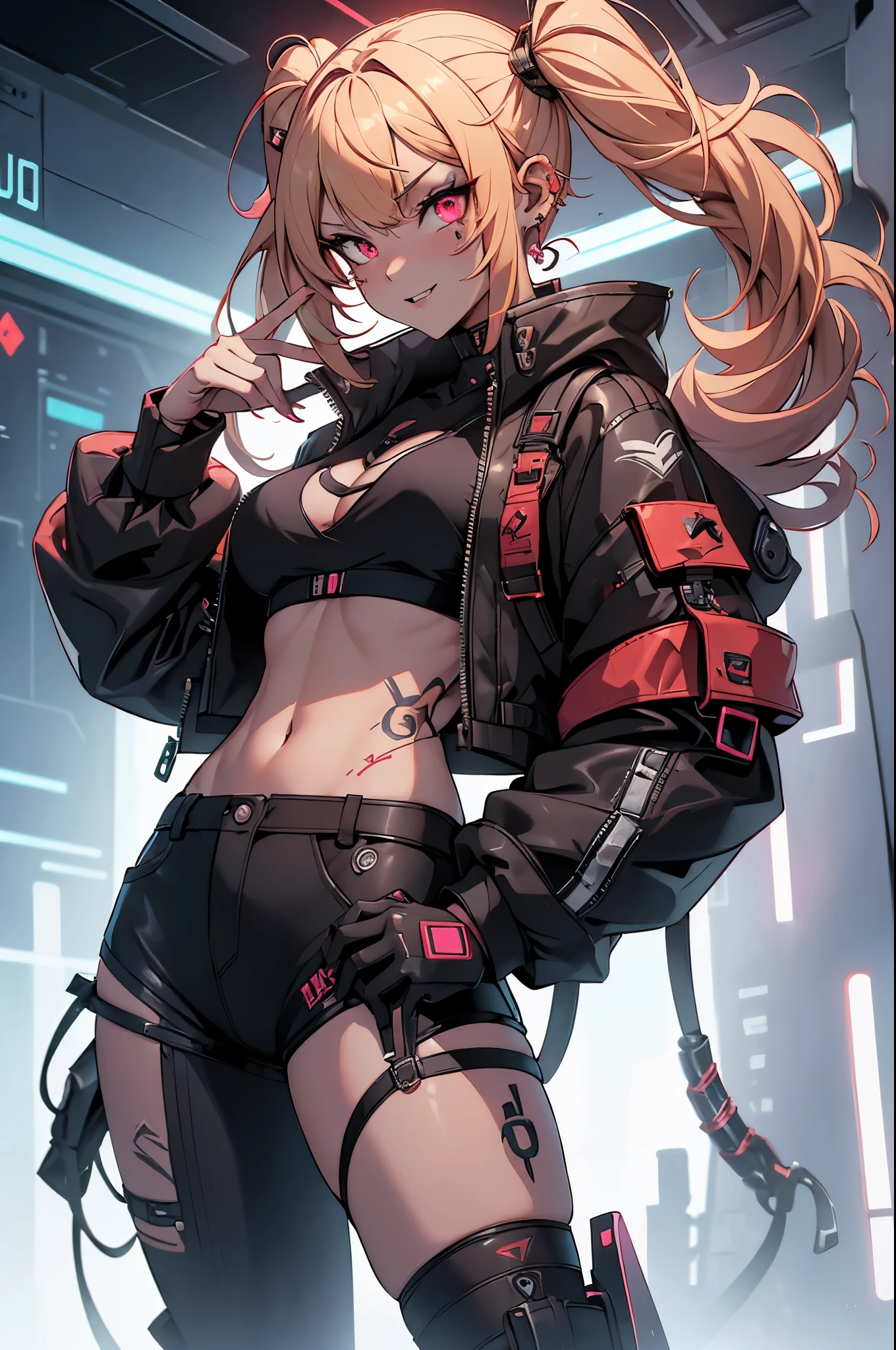 One girl, Rebecca \(cyber punk\), ((full body, He holds a large sickle in his right hand and carries it on his shoulder.,Dynamic Angle:1.0)),One Woman,Blonde twisted twin tails, glowing Red eyes,Laugh fearlessly, Leg Tattoos, neck tattoo,  ?????????????, Black bra, String, Red pupils, Leather Fang, Red eyes, Black jacket,cyber punk,cyber cityscape,