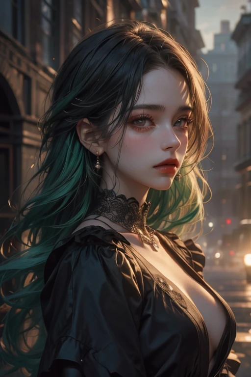 A (menina andando na chuva), belo rosto detalhado intrincado, cabelos longos e verde escuro, olhos verdes, brincos pequenos, Red lips, elegante vestido longo, (sad expression:1.3), (atmosfera escura e chuvosa:1.2), moody dramatic lighting, (realista, photorealista, photo-realista:1.37), (melhor qualidade, 4K, 8k, high resolution, obra de arte:1.2), ultra-detalhado, Paleta de cores silenciadas, melancholic and emotional, dramatic stormy background, (Cabelo molhado, Water drops:1.1)