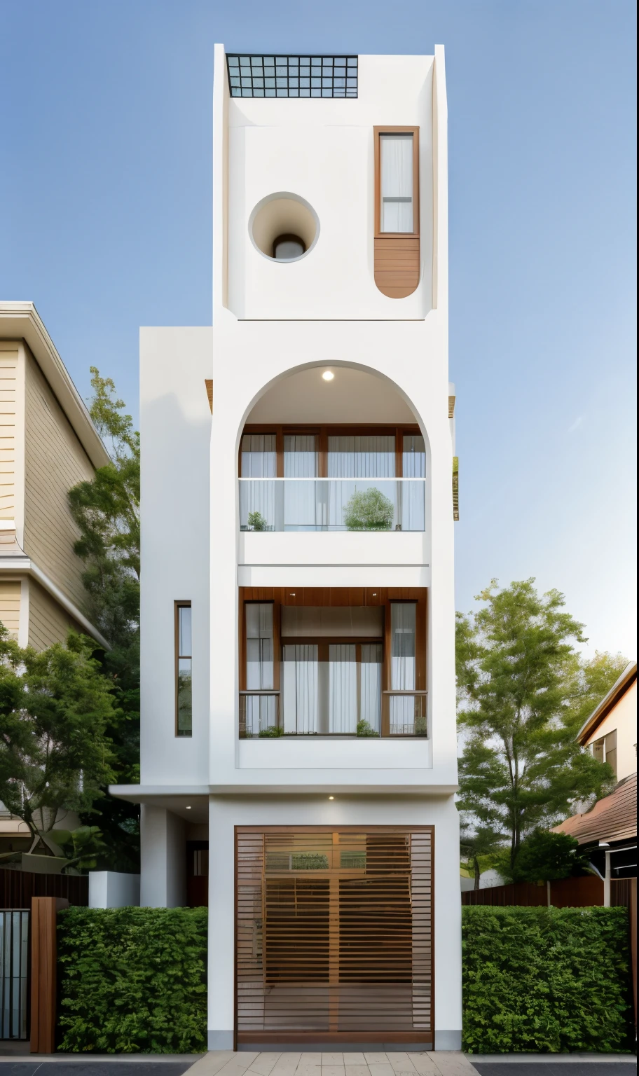 Exterior of house, mordern material decorations, (canopy in front of house:1.4), (a road in front of house:1.3), tree, sky, cloud, morning weather.